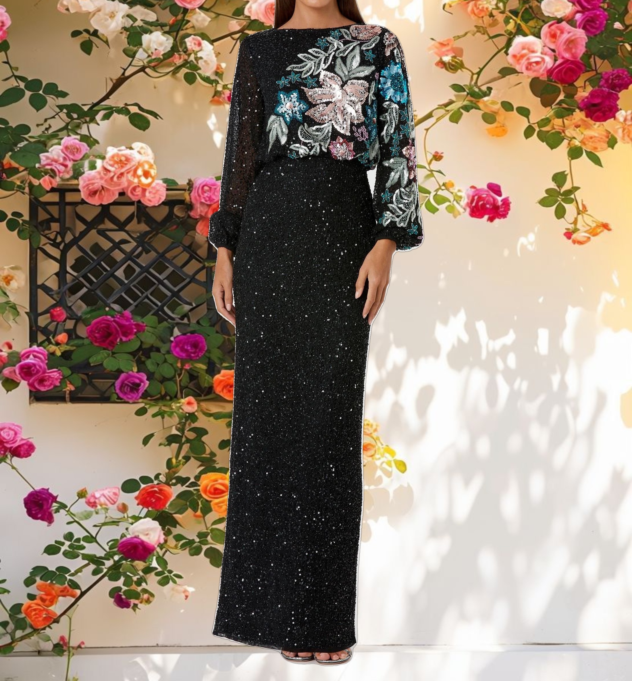 Black Embellished Floral High Neck Gown