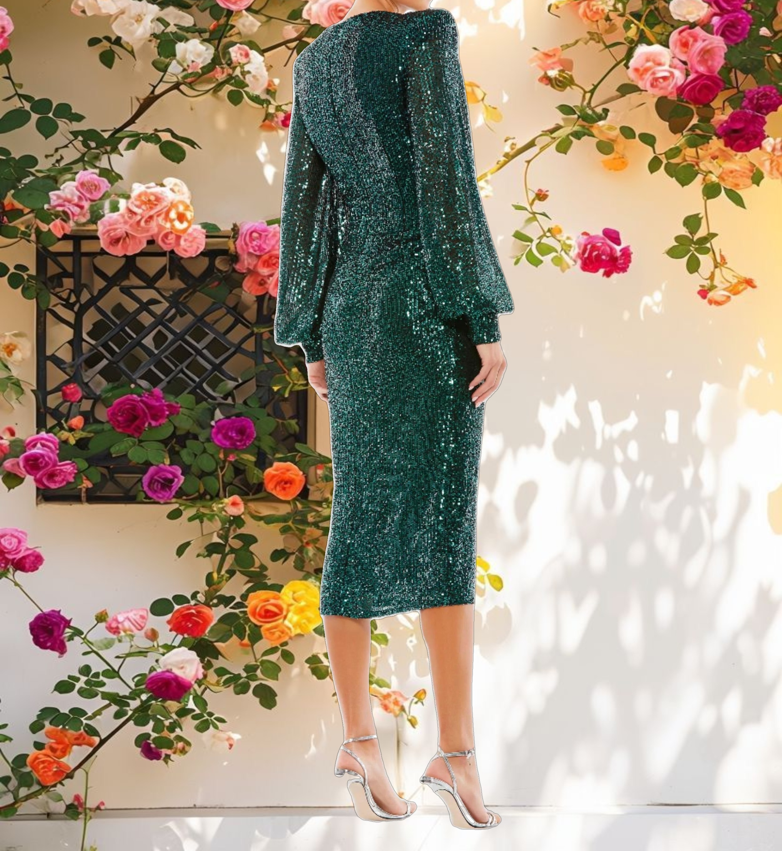 Green Sequined Structured Bishop Sleeve Midi Dress