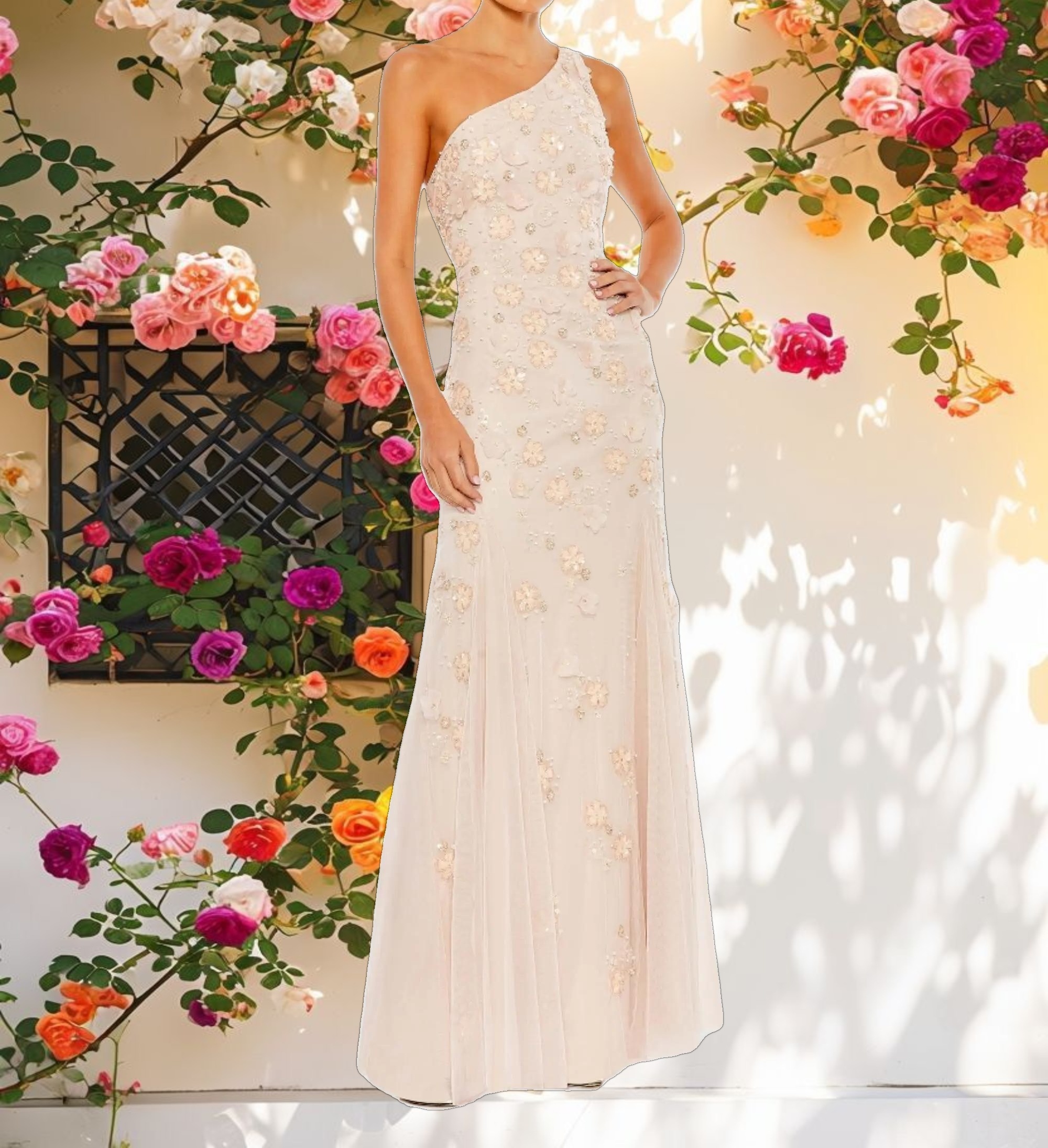 Embellished One Shoulder Strappy Trumpet Gown
