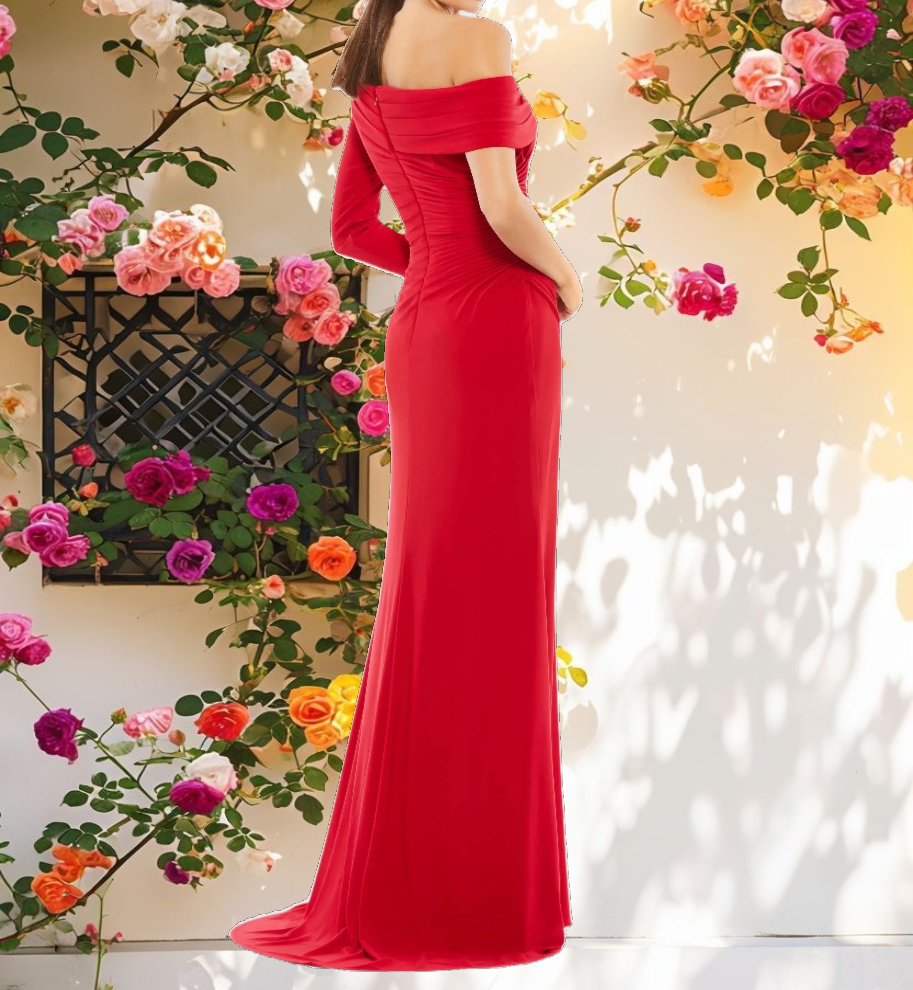 Red Ruched Jersey Drop Shoulder Foldover Gown