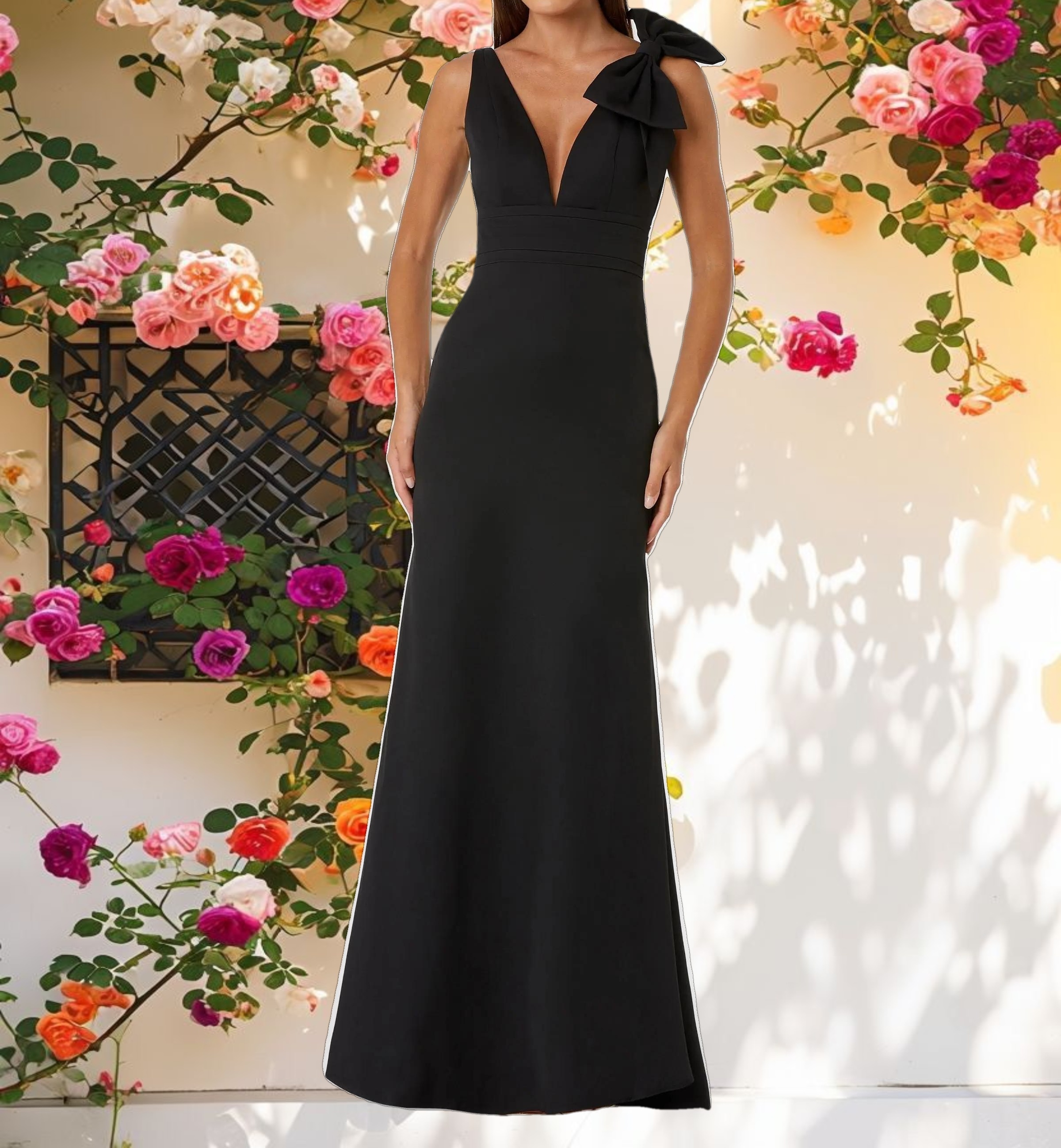 Black Sleeveless V Neck Bow Detail Mermaid Gown