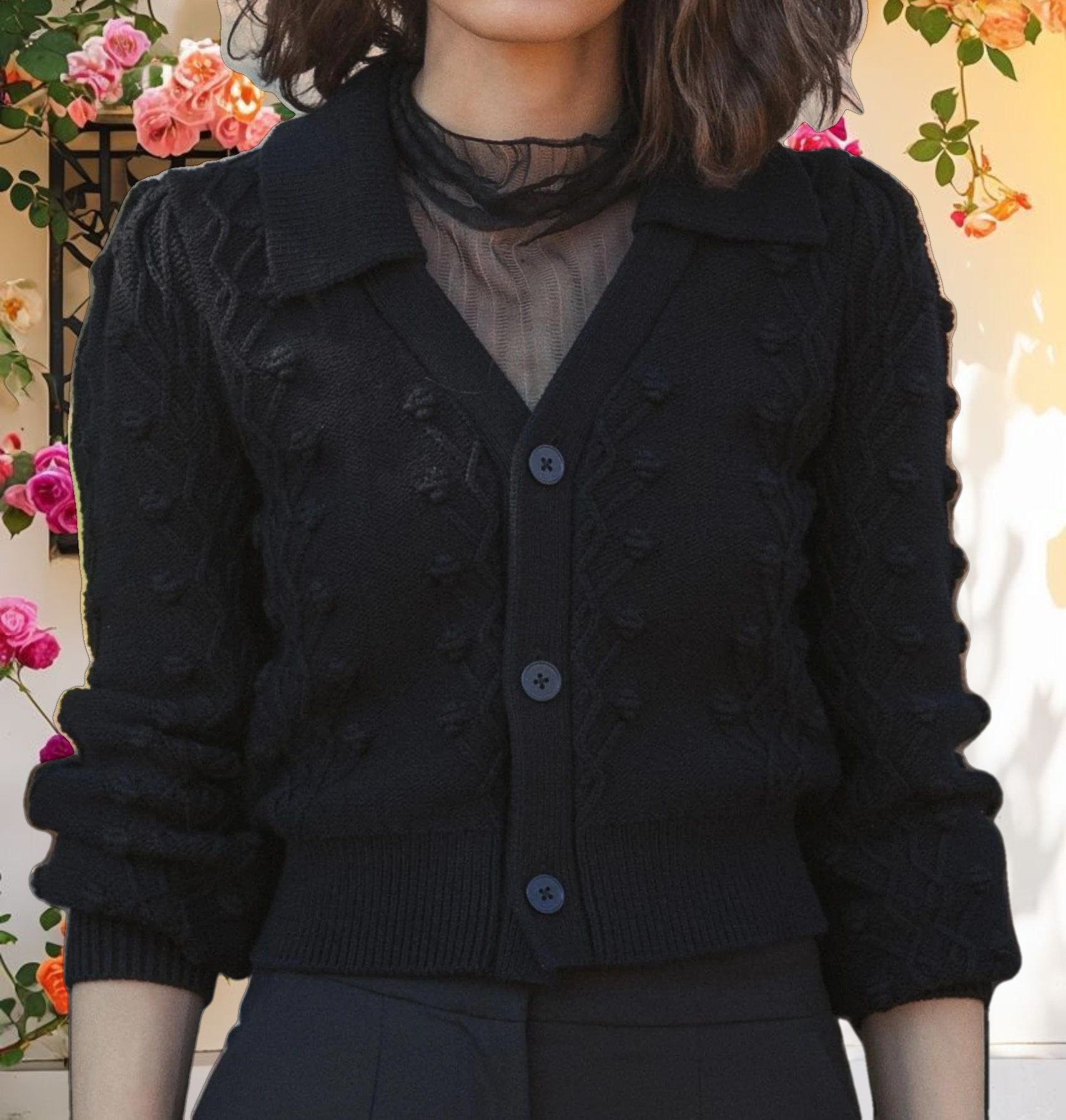 Cropped Bobble Knit Button Up Cardigan Sweater