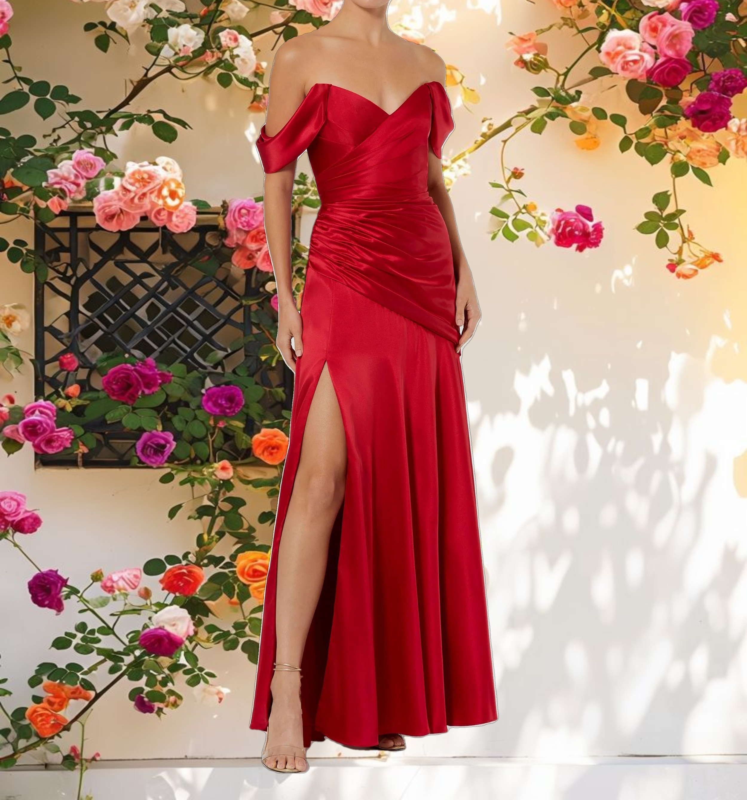 Satin Off The Shoulder Crossover Gown