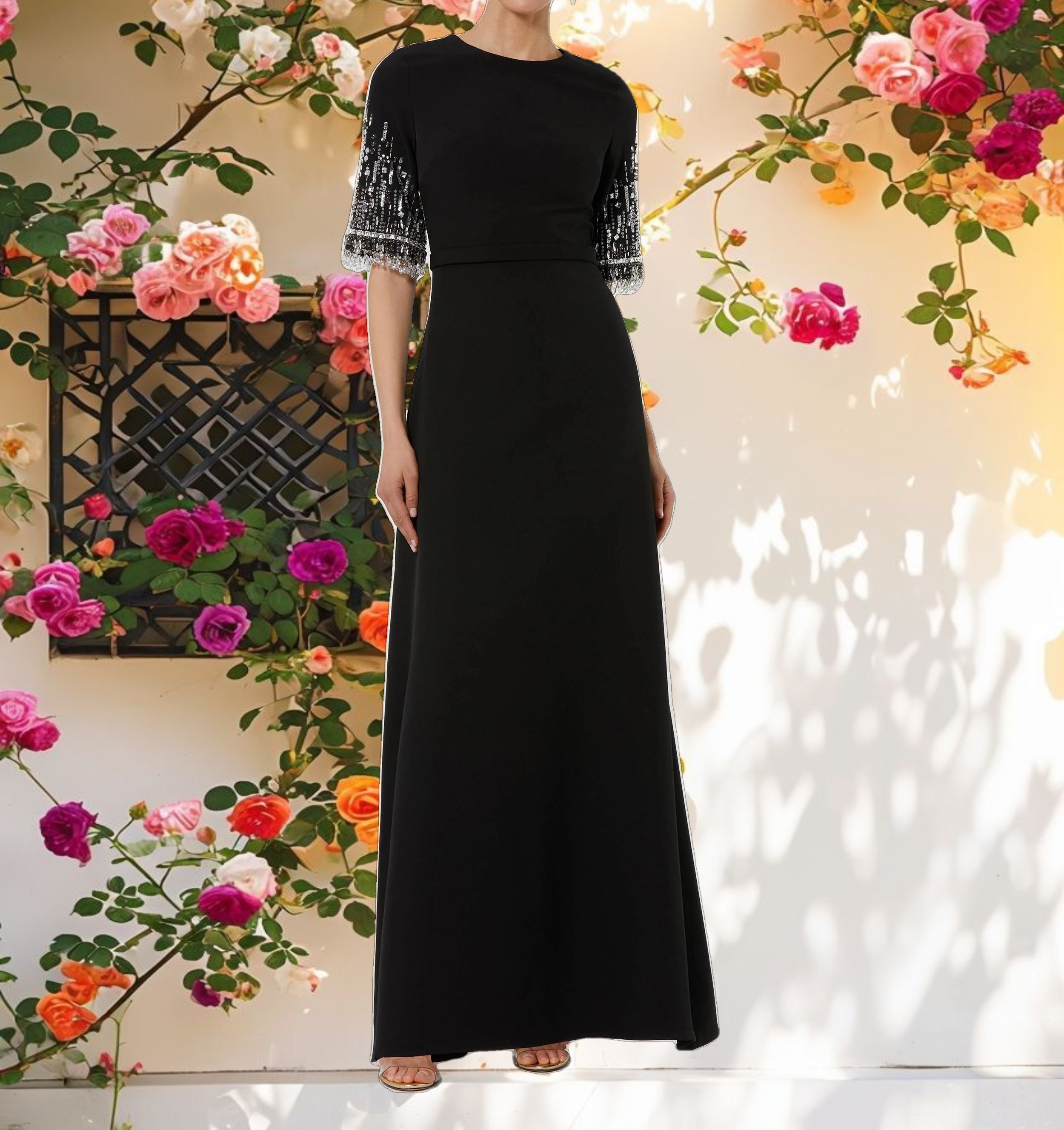Black Crepe A Line Gown With Beaded 3/4 Sleeves