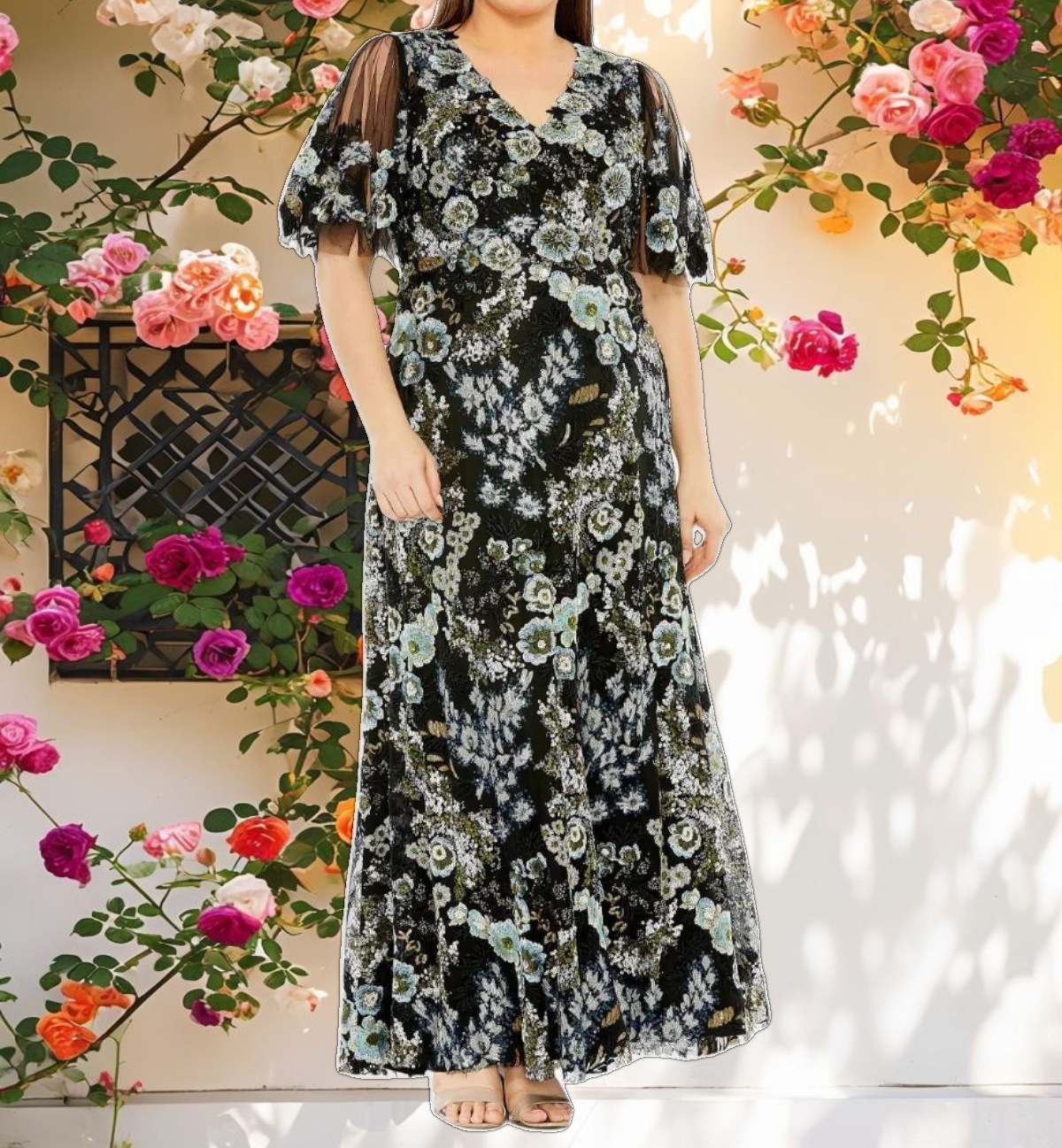 Sheer Sleeve V Neck Floral Embroidered Gown