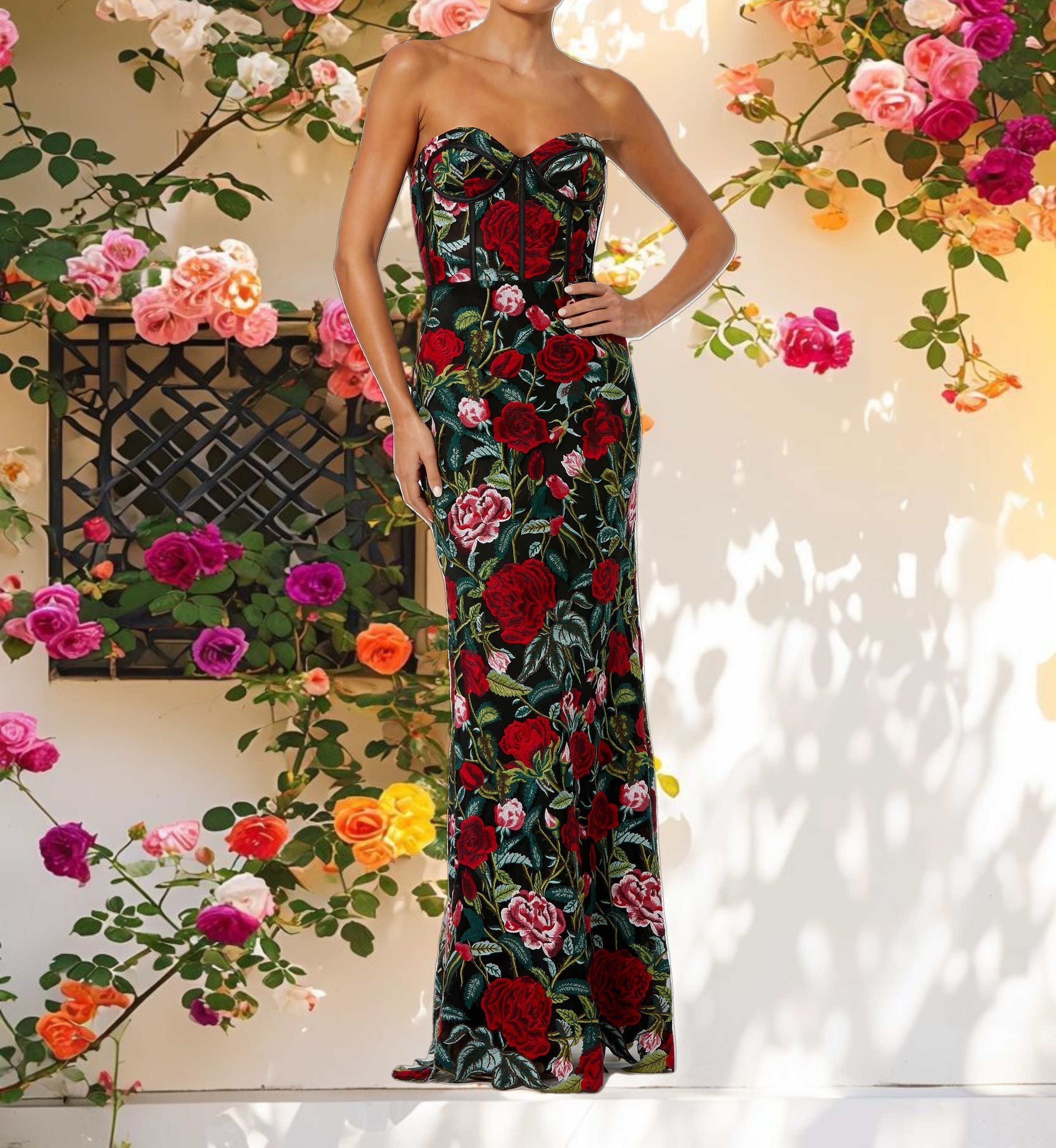 Sheer Bustier Top Floral Applique Gown