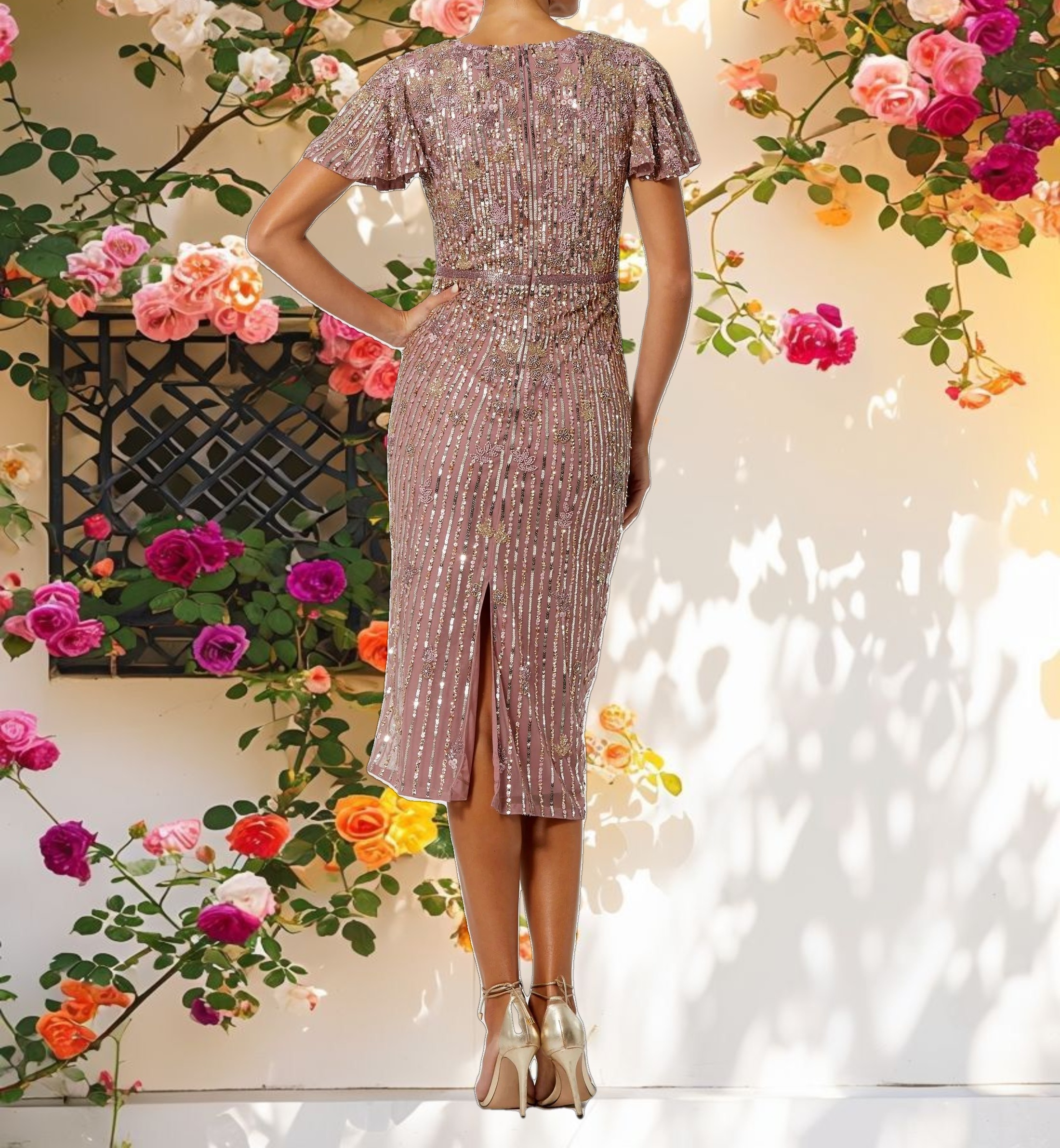 Embellished Faux Wrap Flutter Sleeve Dress