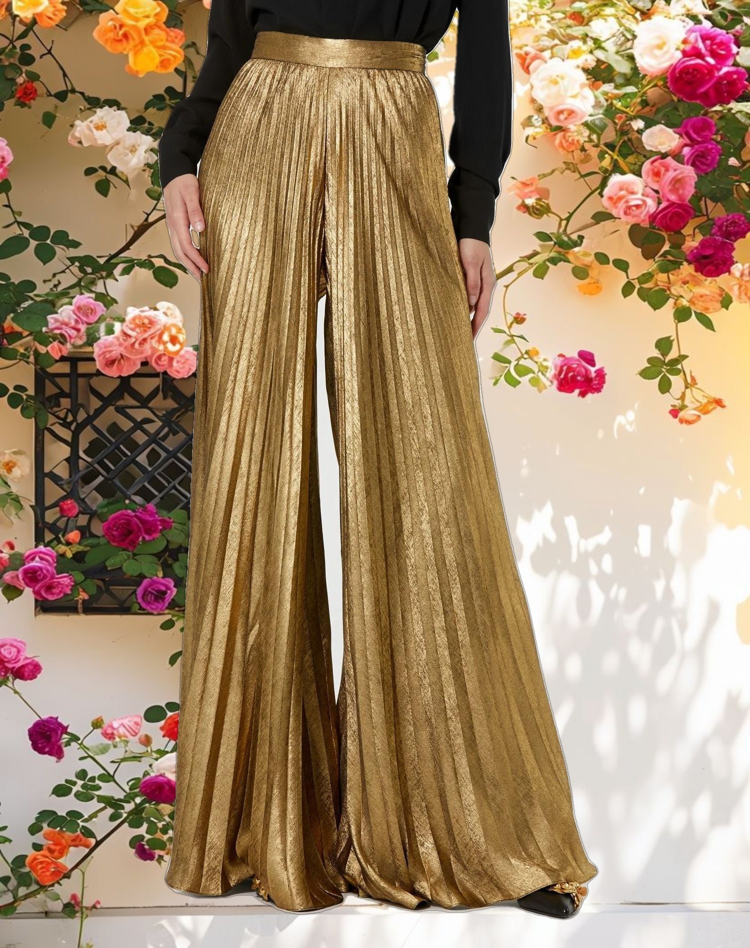 Metallic Lamé Pleated Wide Leg Pant