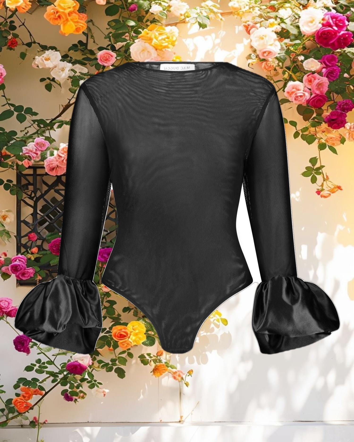 Mesh Long Sleeve Bodysuit With Satin Puff Sleeves