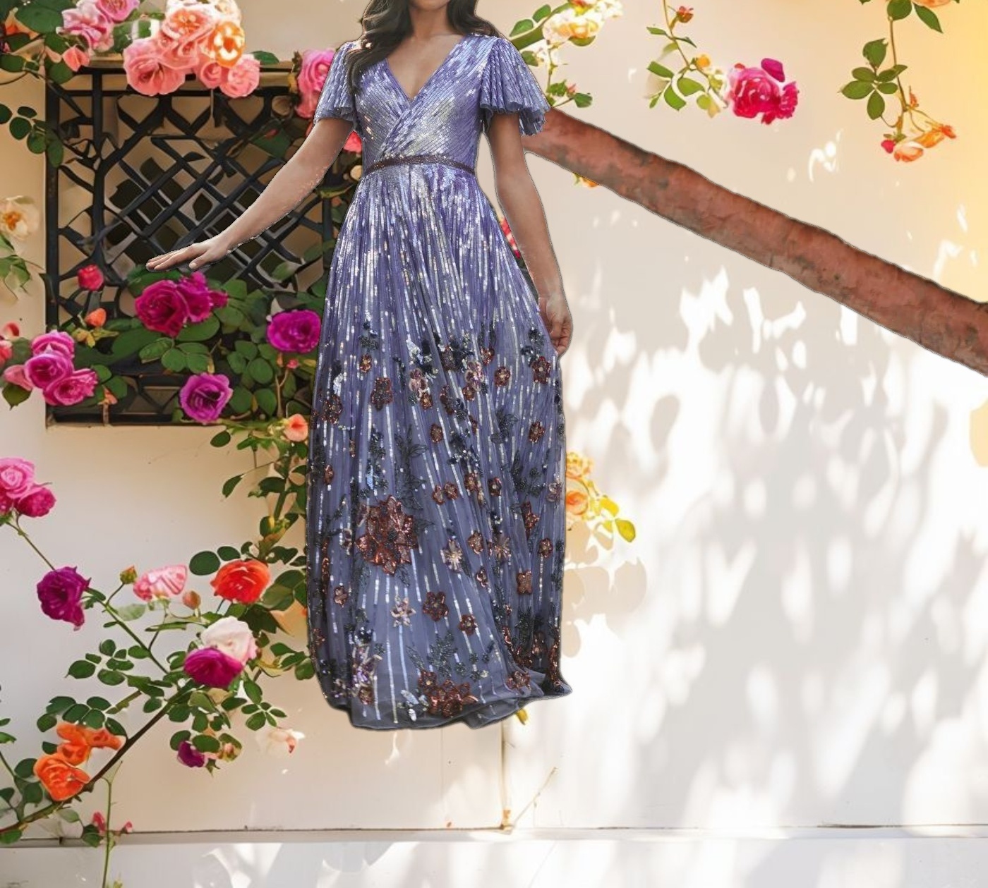 Flounce Sleeve V Neck Gown