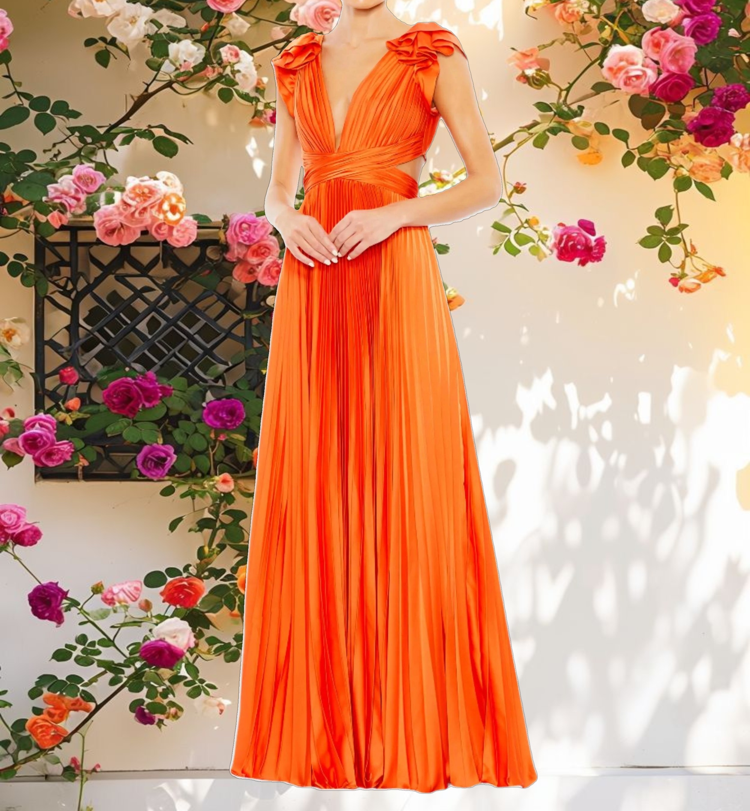 Orange Pleated Ruffled Cap Sleeve Cut Out Lace Up Gown