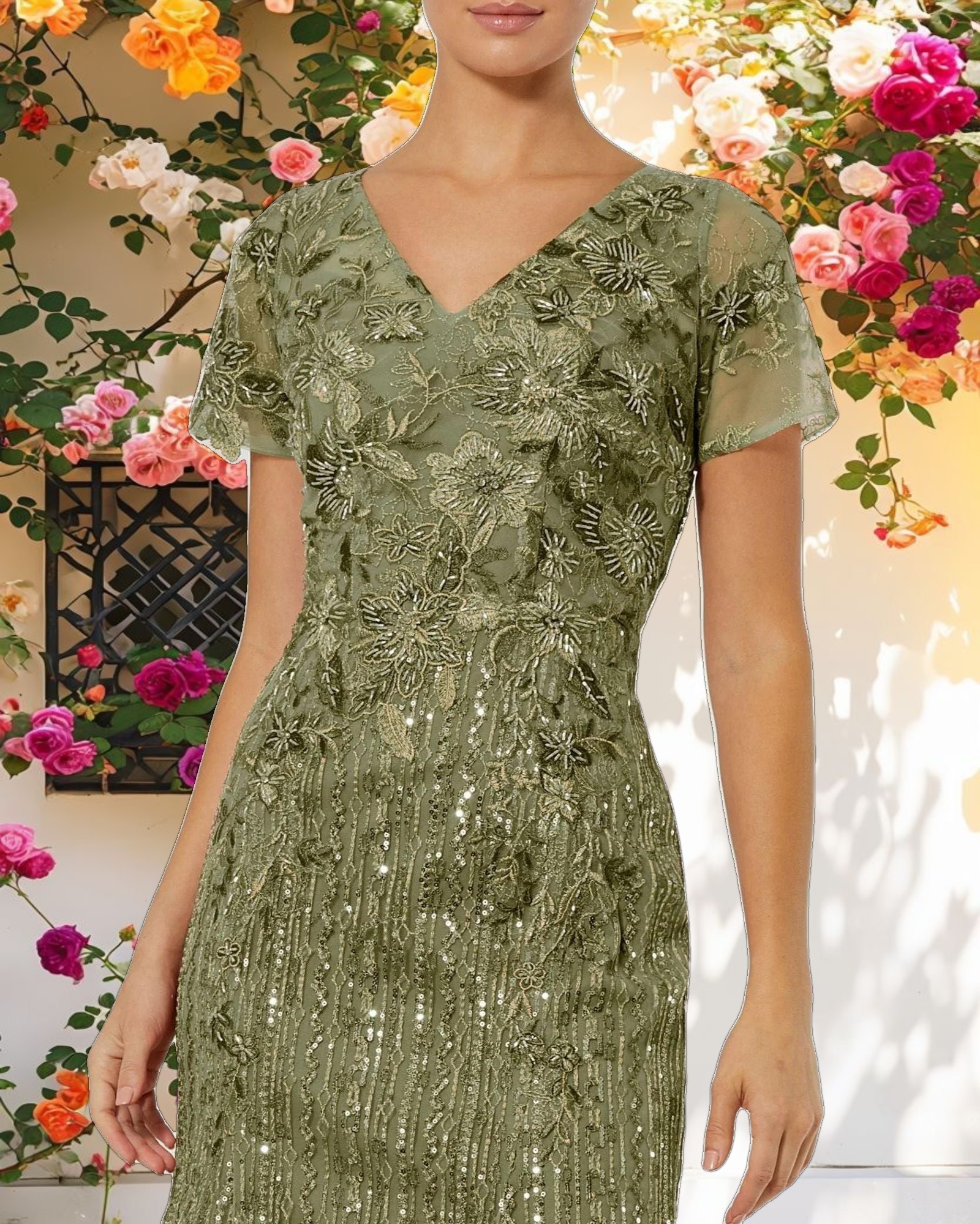 Embroidered V Neck Cap Sleeve Gown