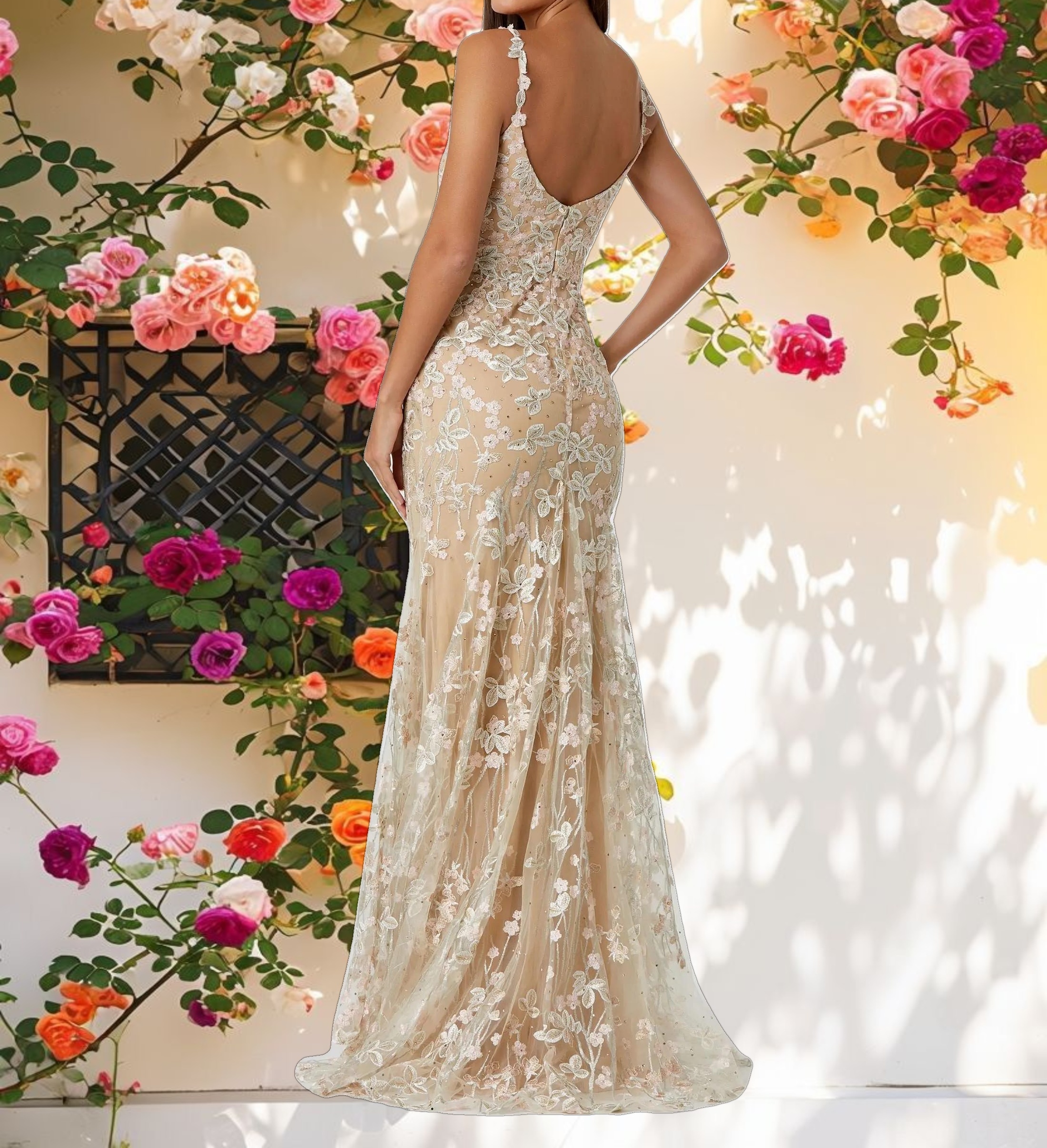 Beige Embroidered Tulle Trumpet Floral Dress