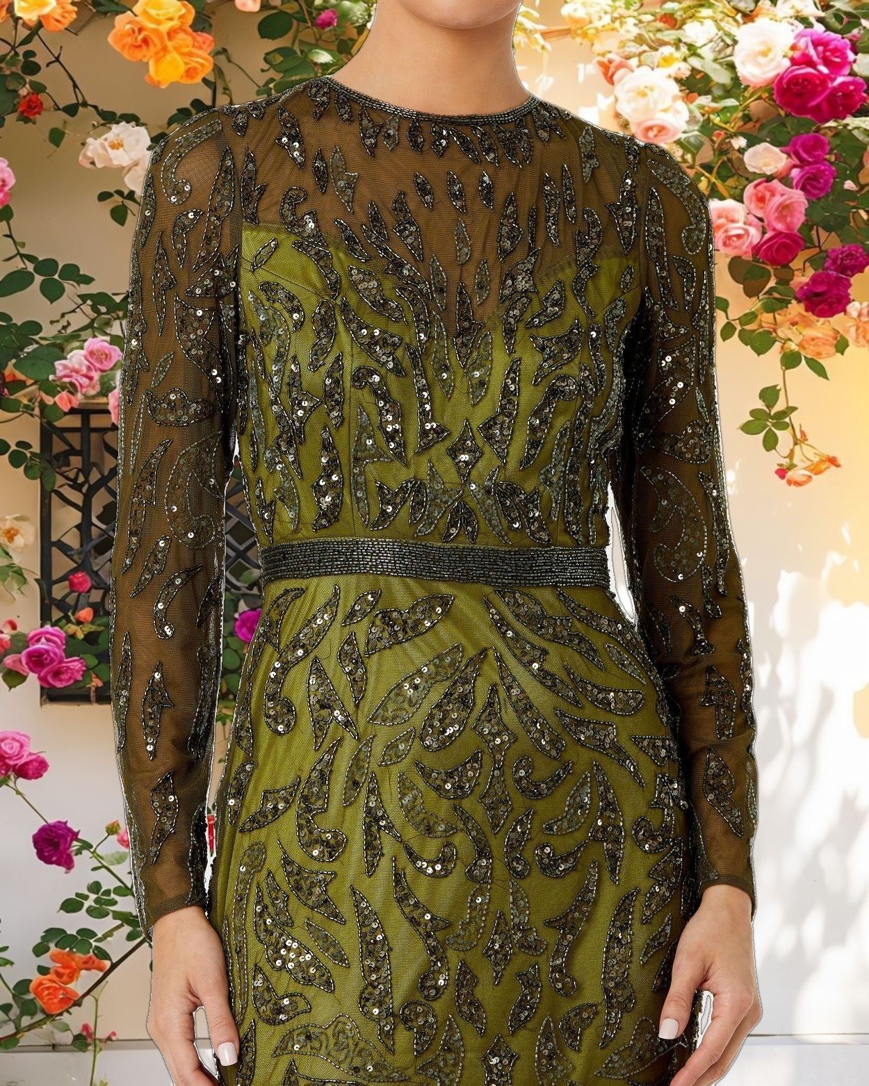 Green Beaded Long Sleeve Evening Gown