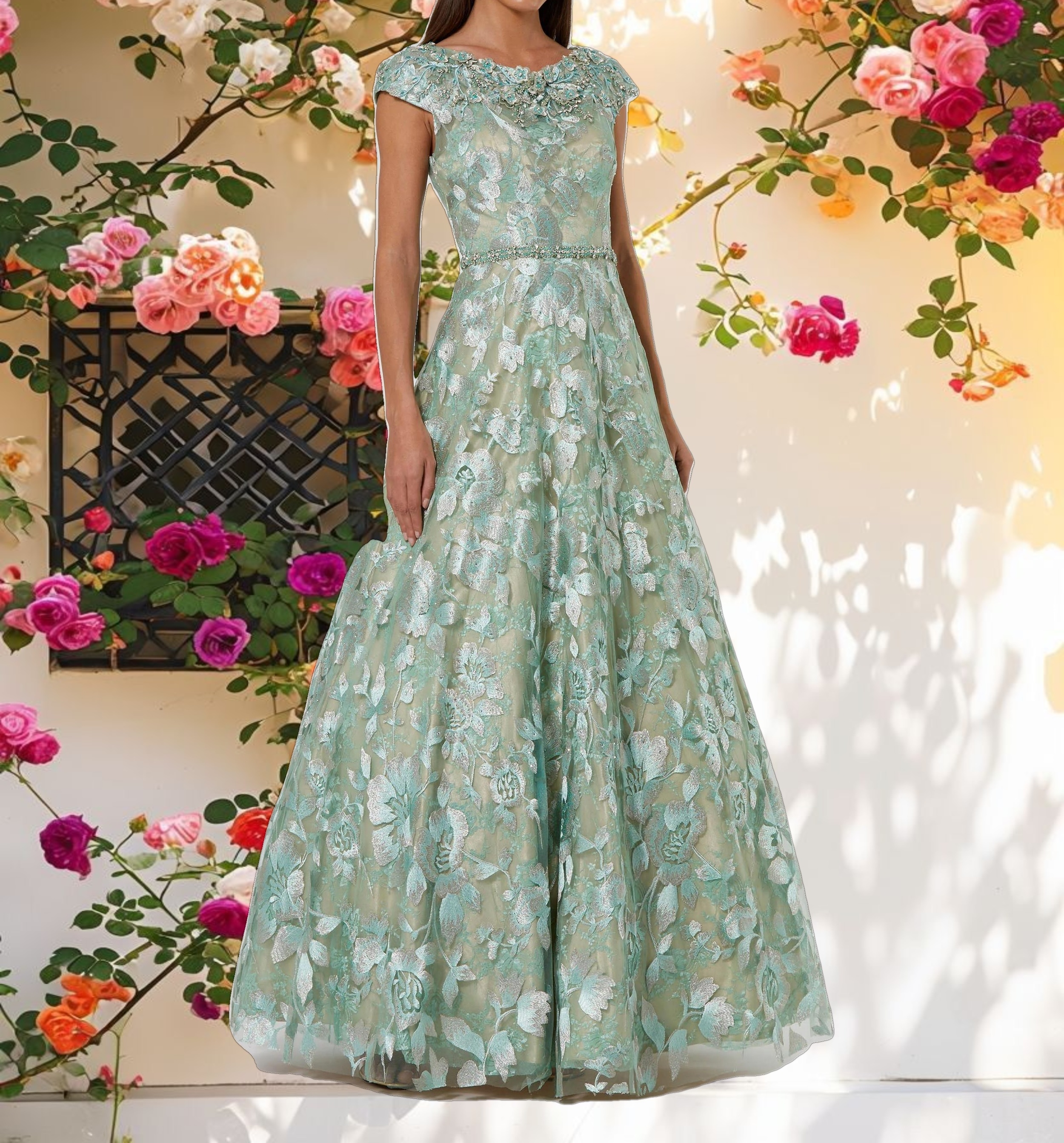 Green Embellished Cap Sleeve High Neck A Line Ballgown