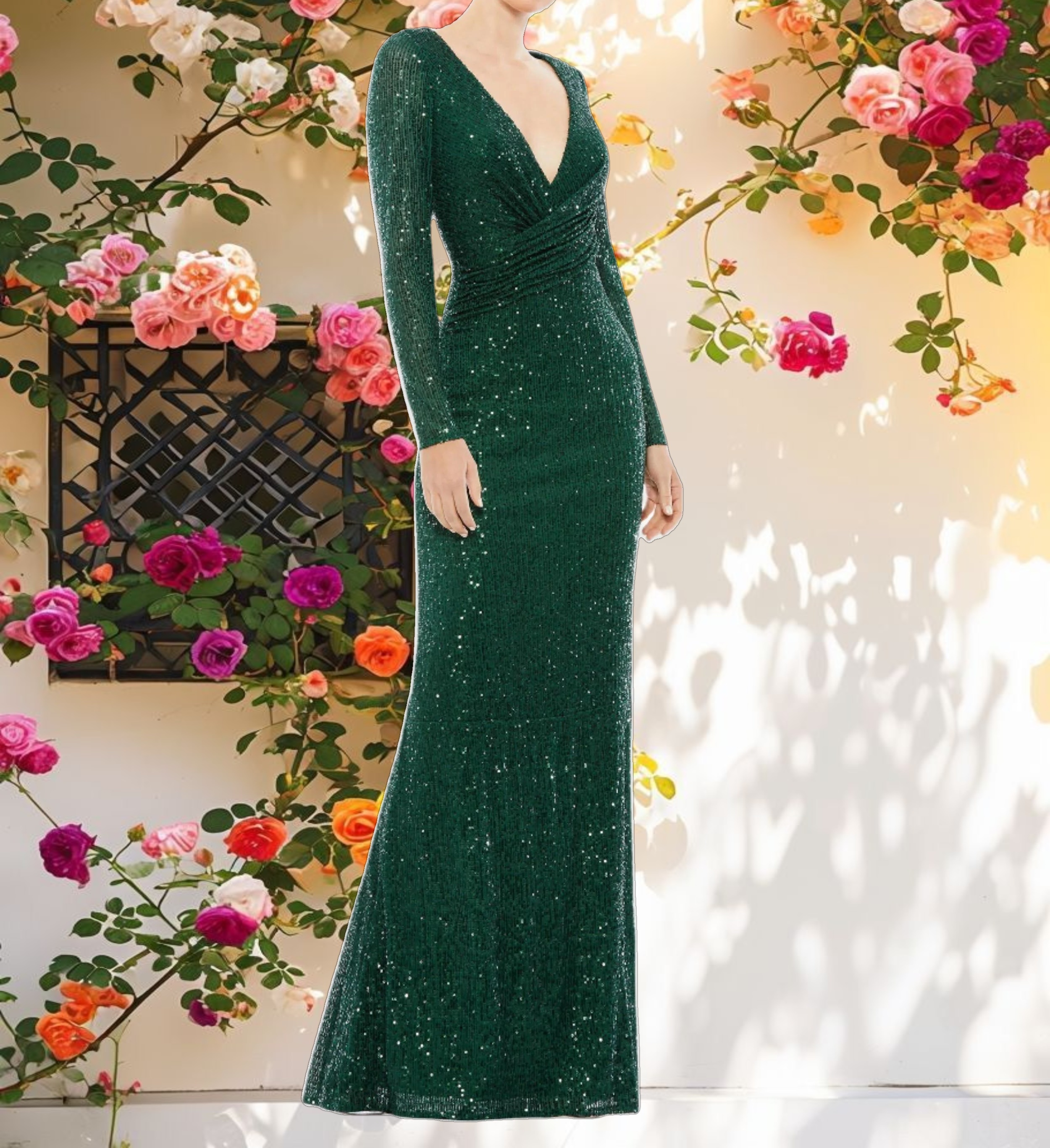 Glittered Fake Belt Long Sleeve Column Dress