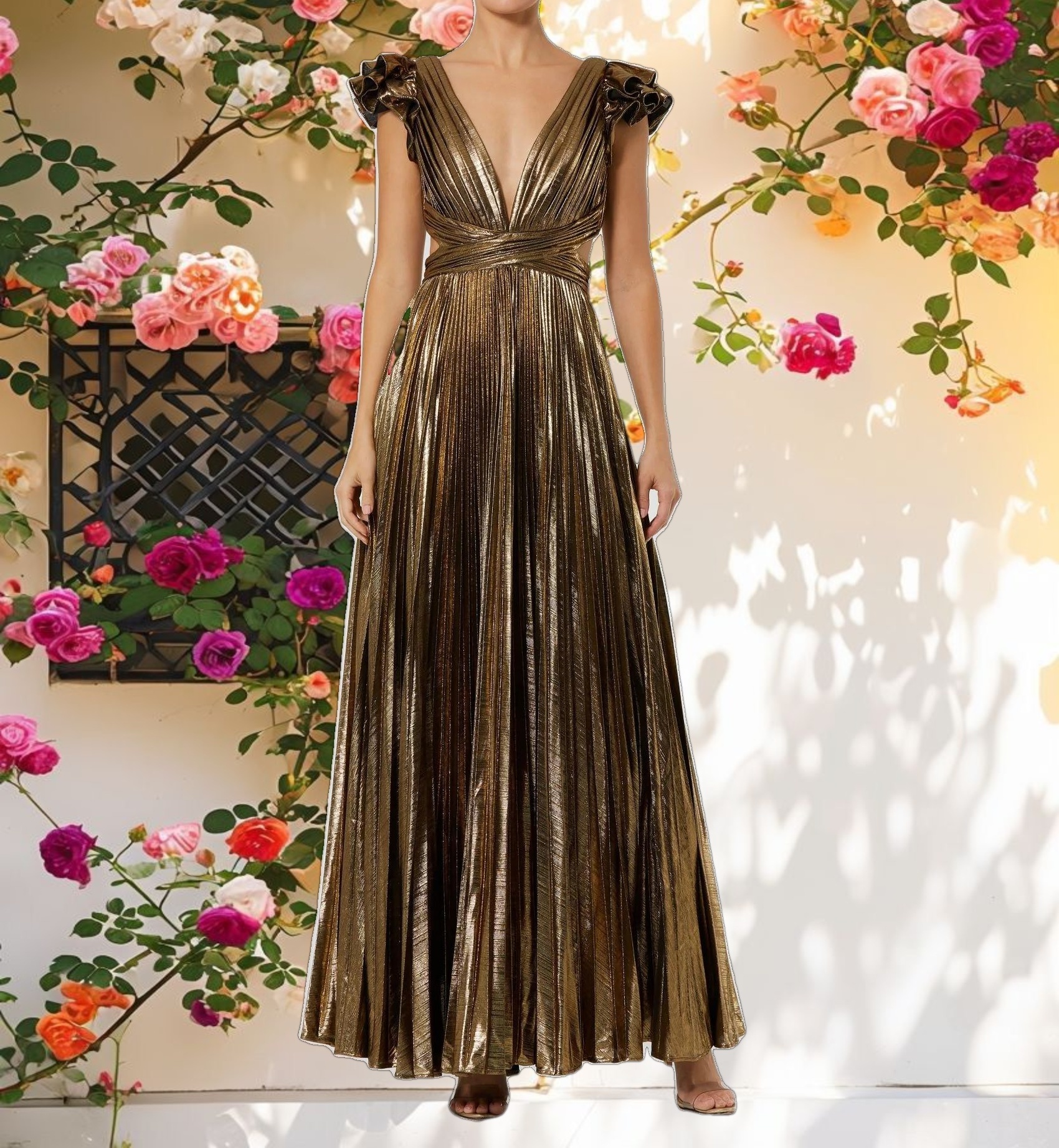 Ruffle Sleeve Cutout Pleated Metallic Gown