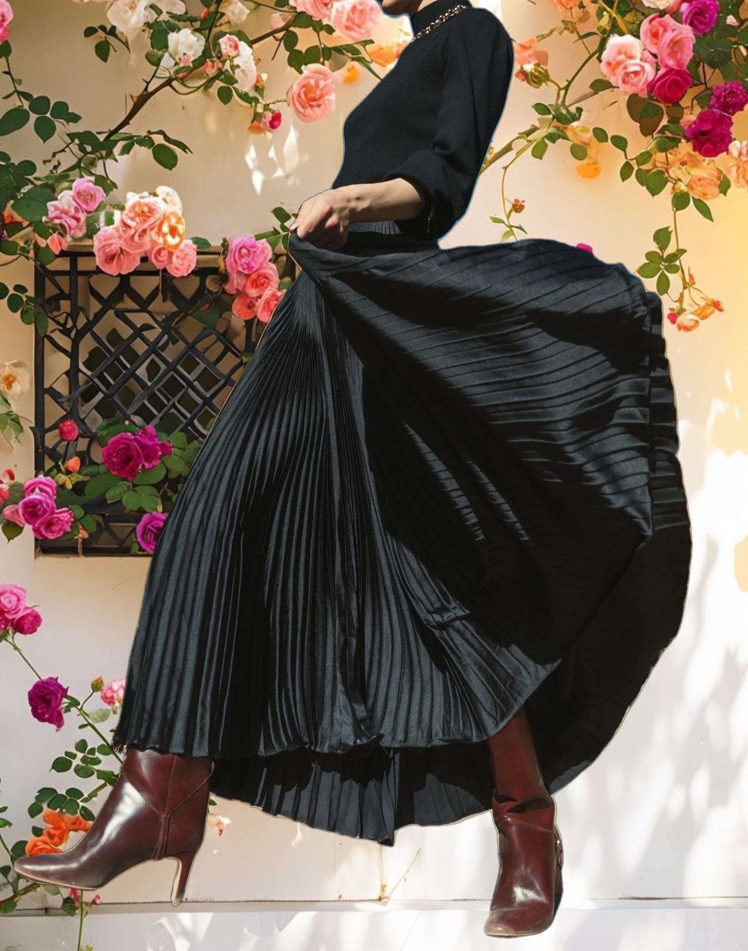 Black Ankle Length Satin Pleated Skirt