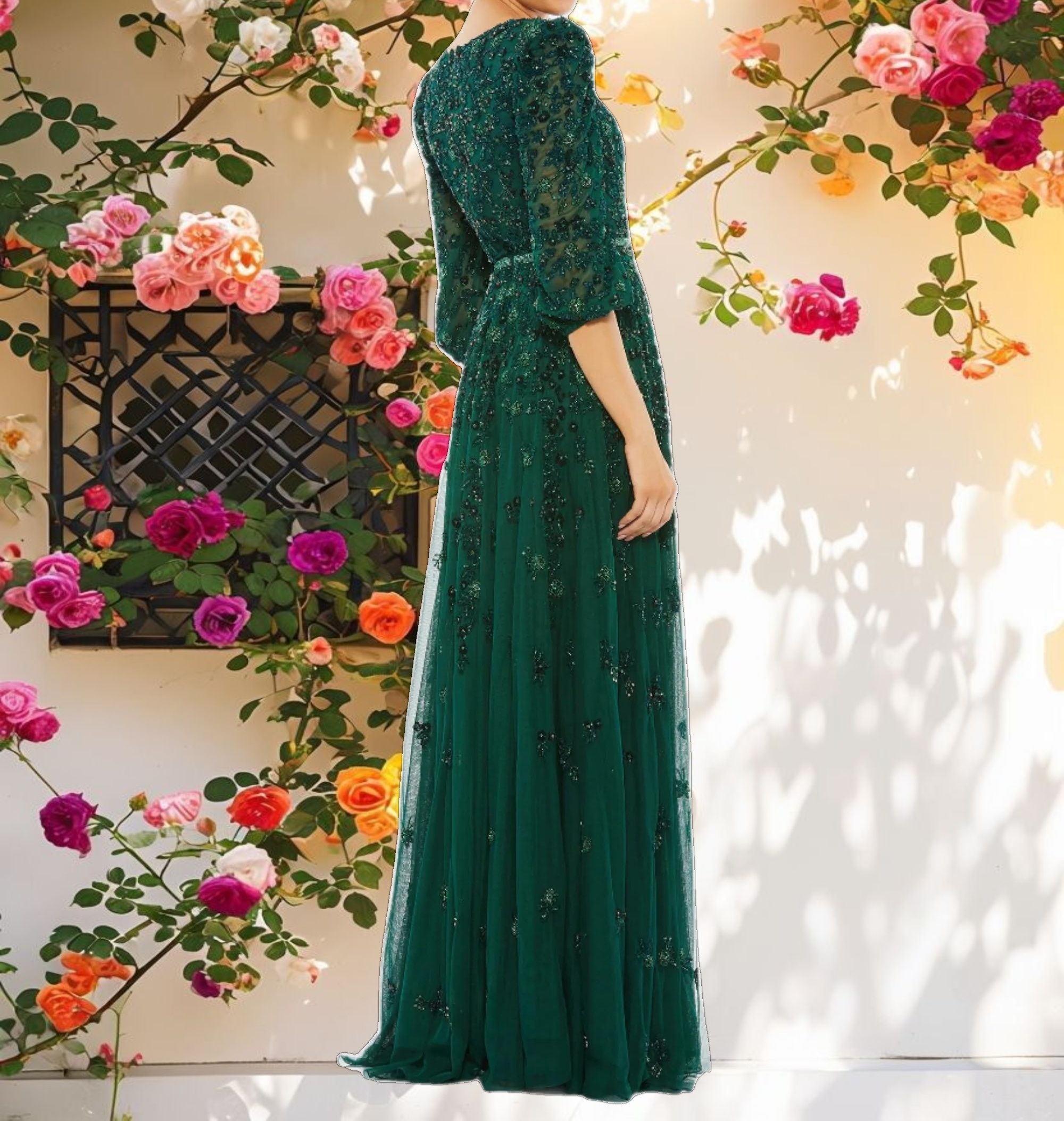 Green Embellished V Neck 3/4 Sleeve A Line Gown