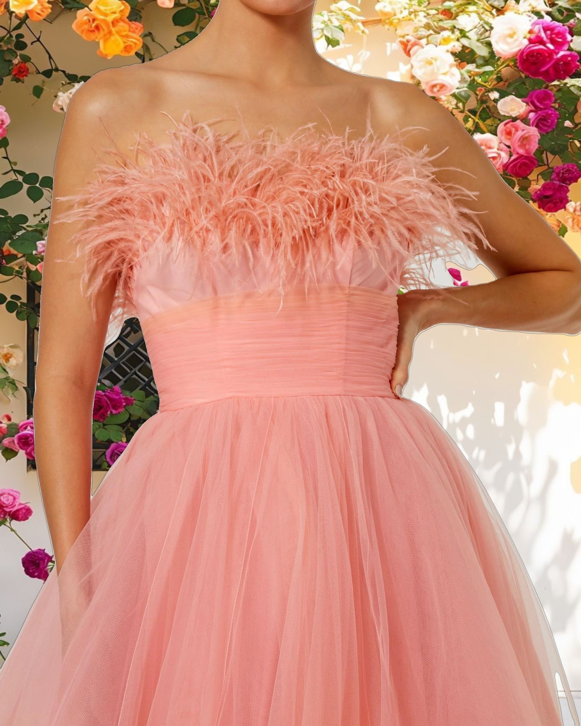 Orange and Pink Ombre Strapless Feather Bodice Tulle Gown