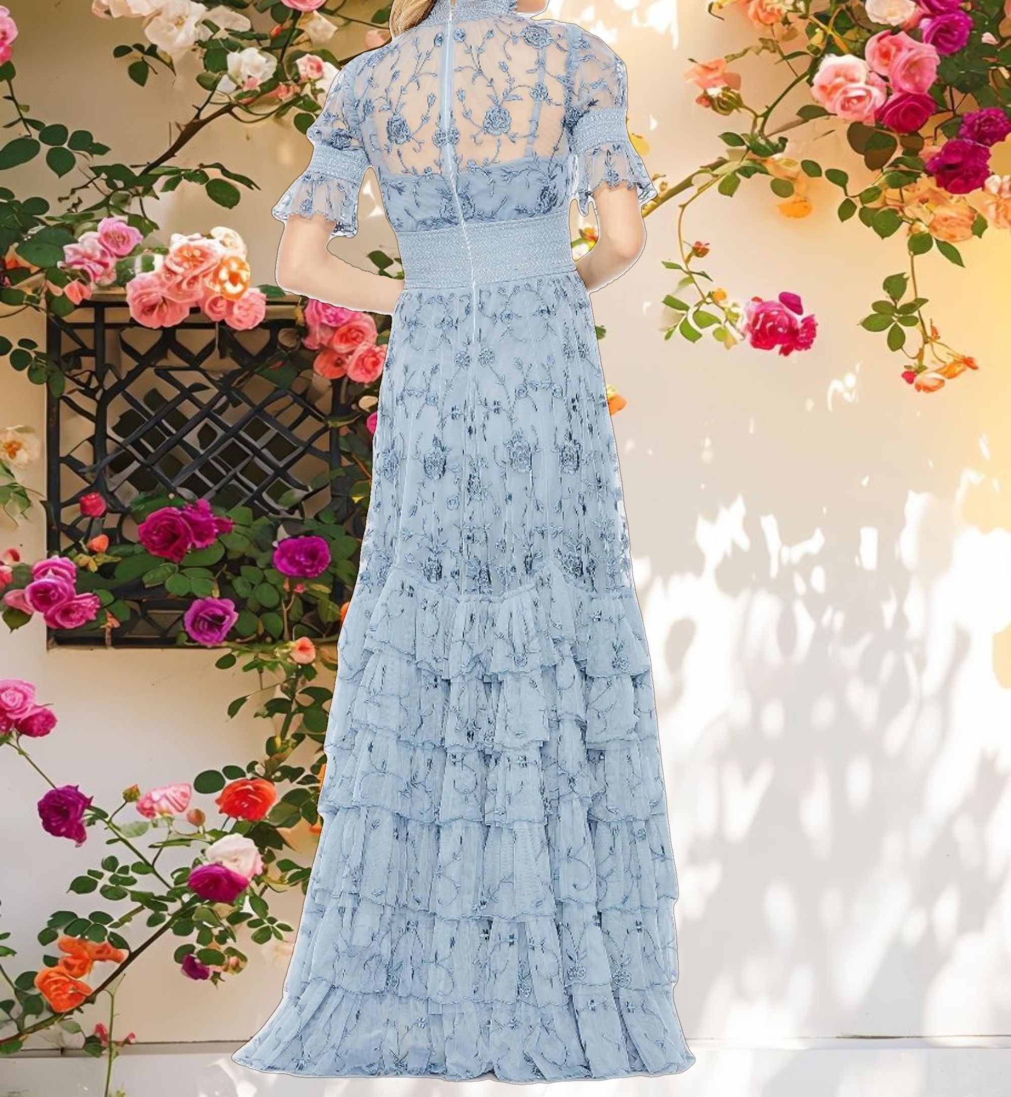 Blue Embroidered Floral Tiered Smock Neck Gown