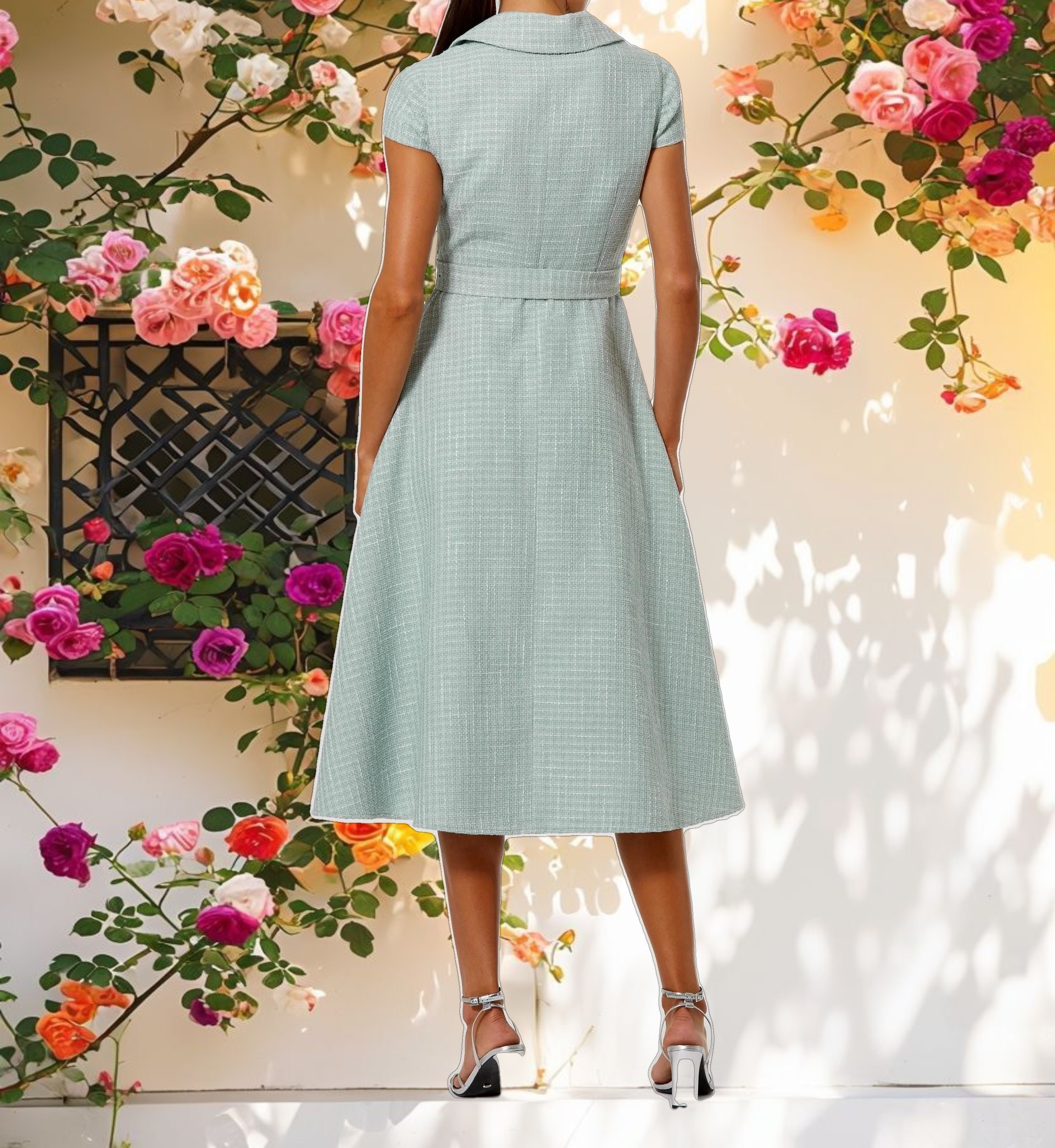 Blue Boucle Cap Sleeve Button Up Midi Dress