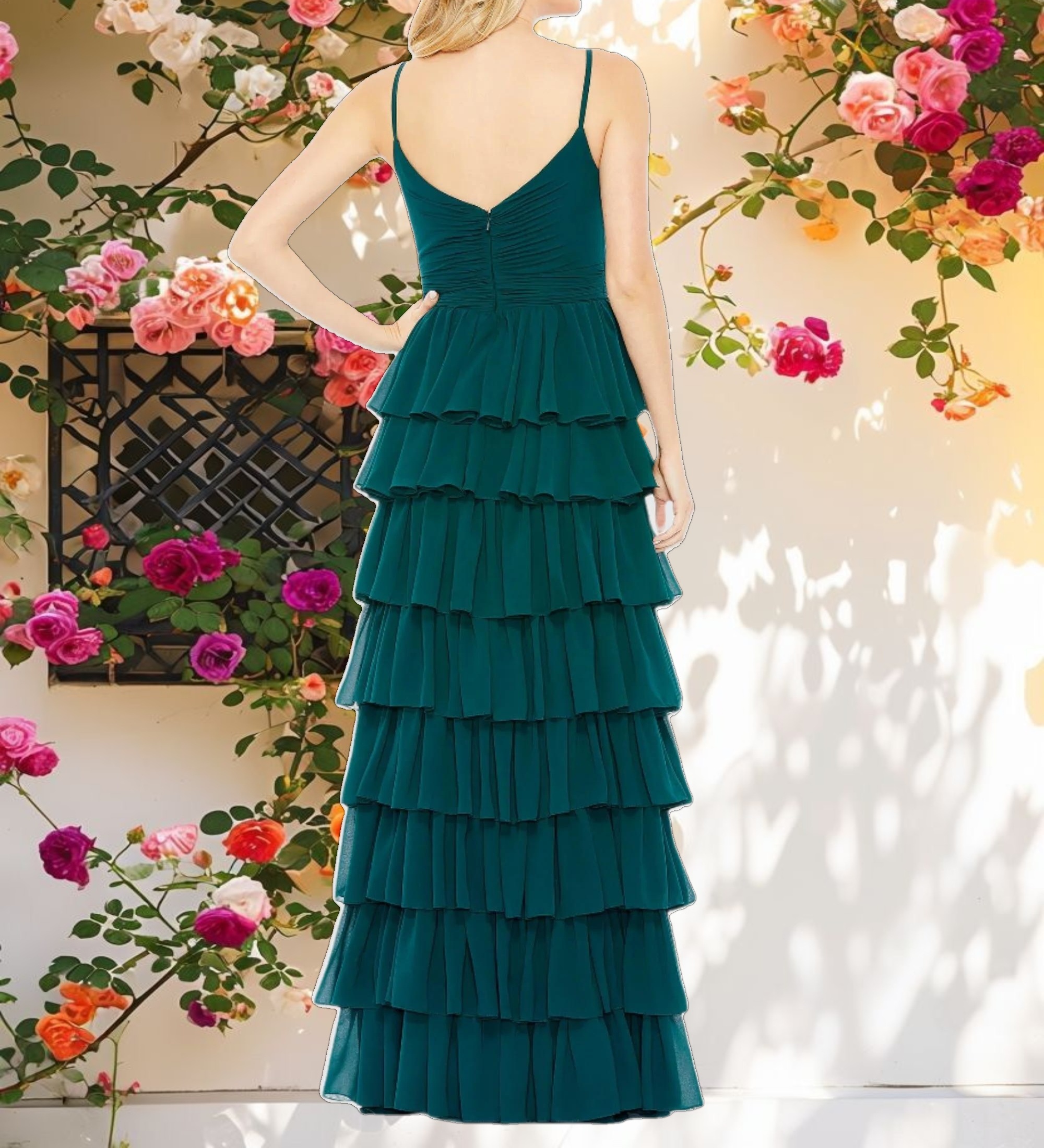 Green V-Neck Sleeveless Gown with Ruffled Skirt