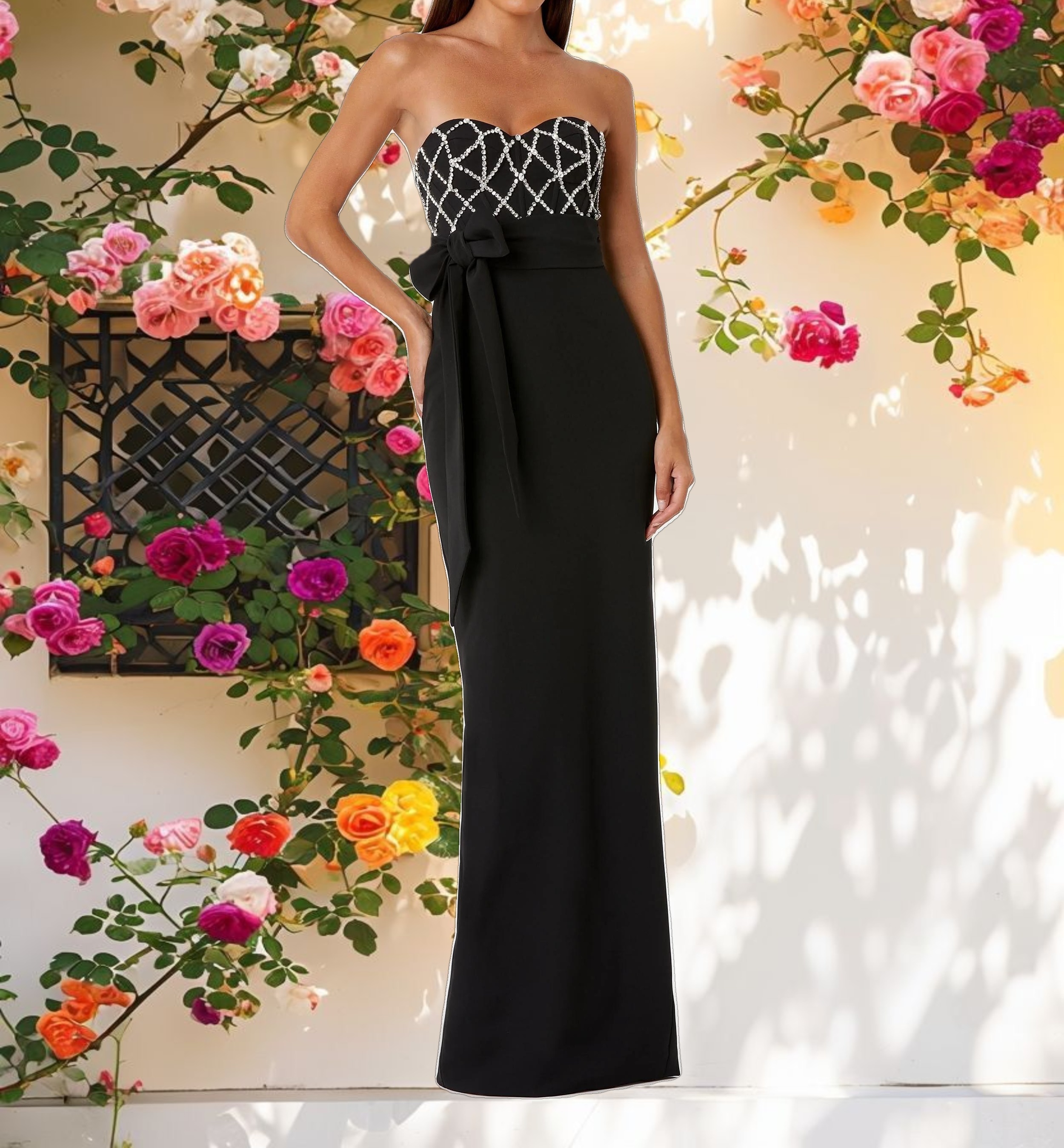 Black Embellished Strapless Bustier With Bow Crepe Gown