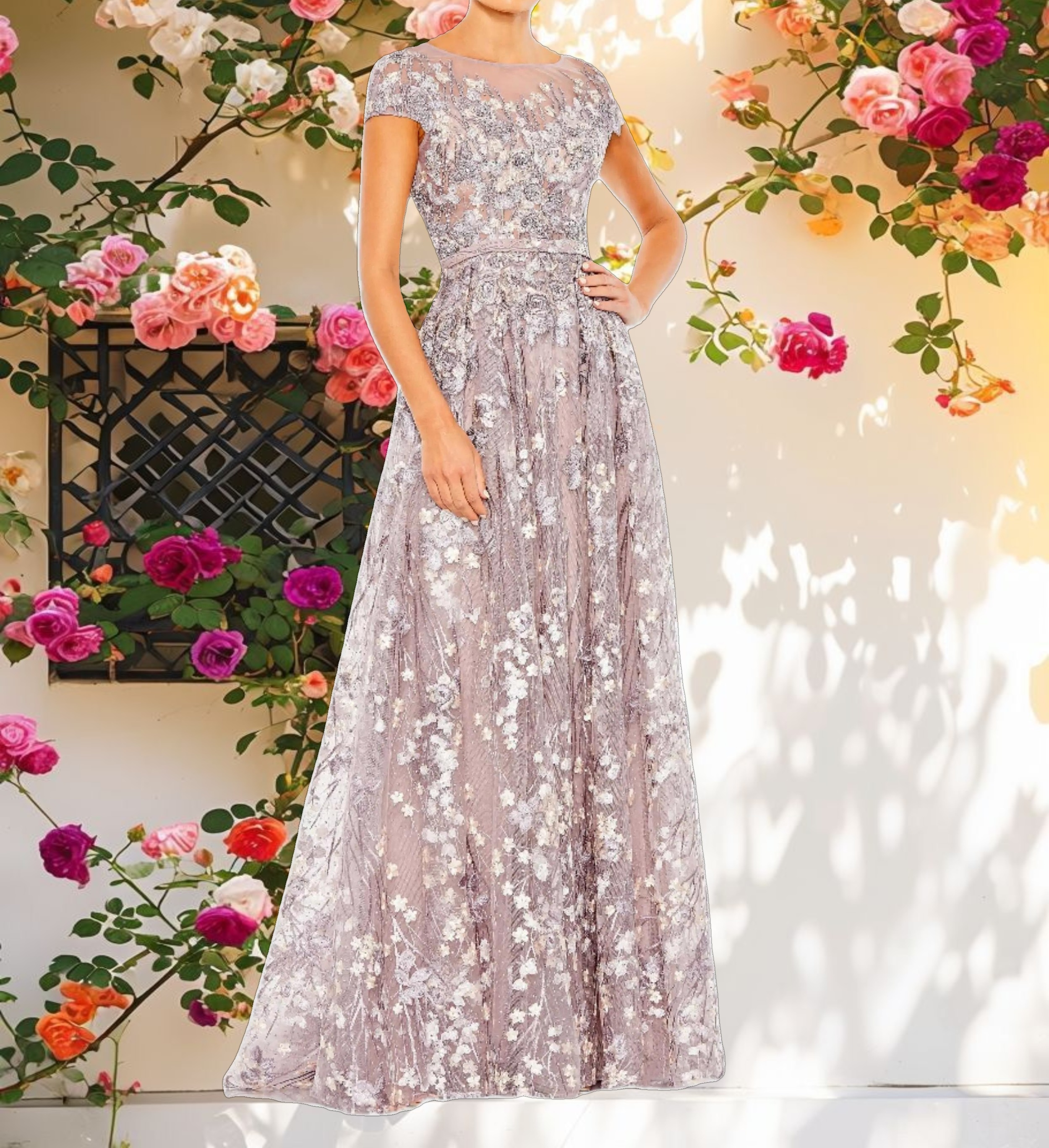Light Purple Embellished Floral Cap Sleeve A Line Gown