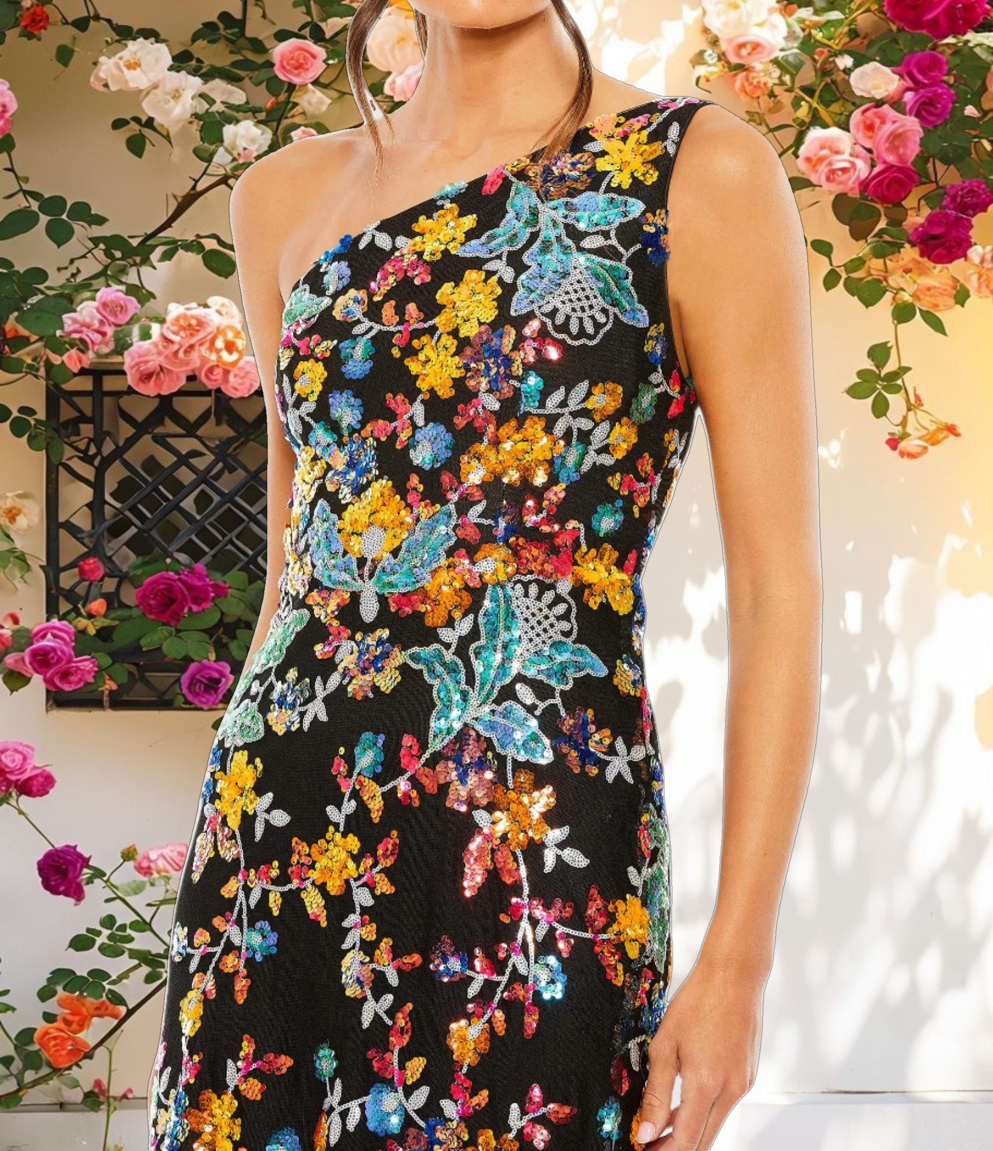 Black Multicolor One Shoulder Floral Sequin Lace Up Gown