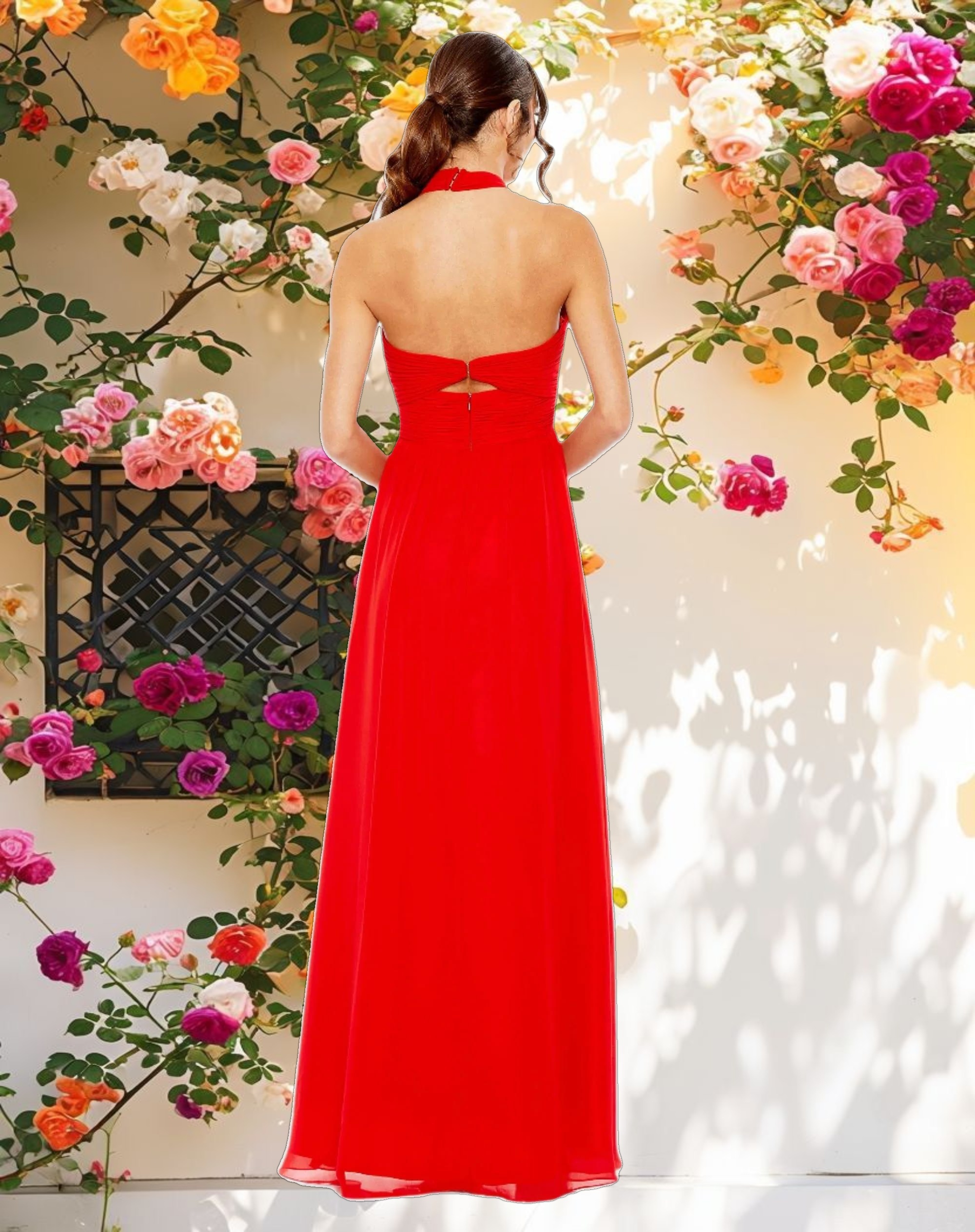 Red Ruched Halter Strap Keyhole Chiffon Gown