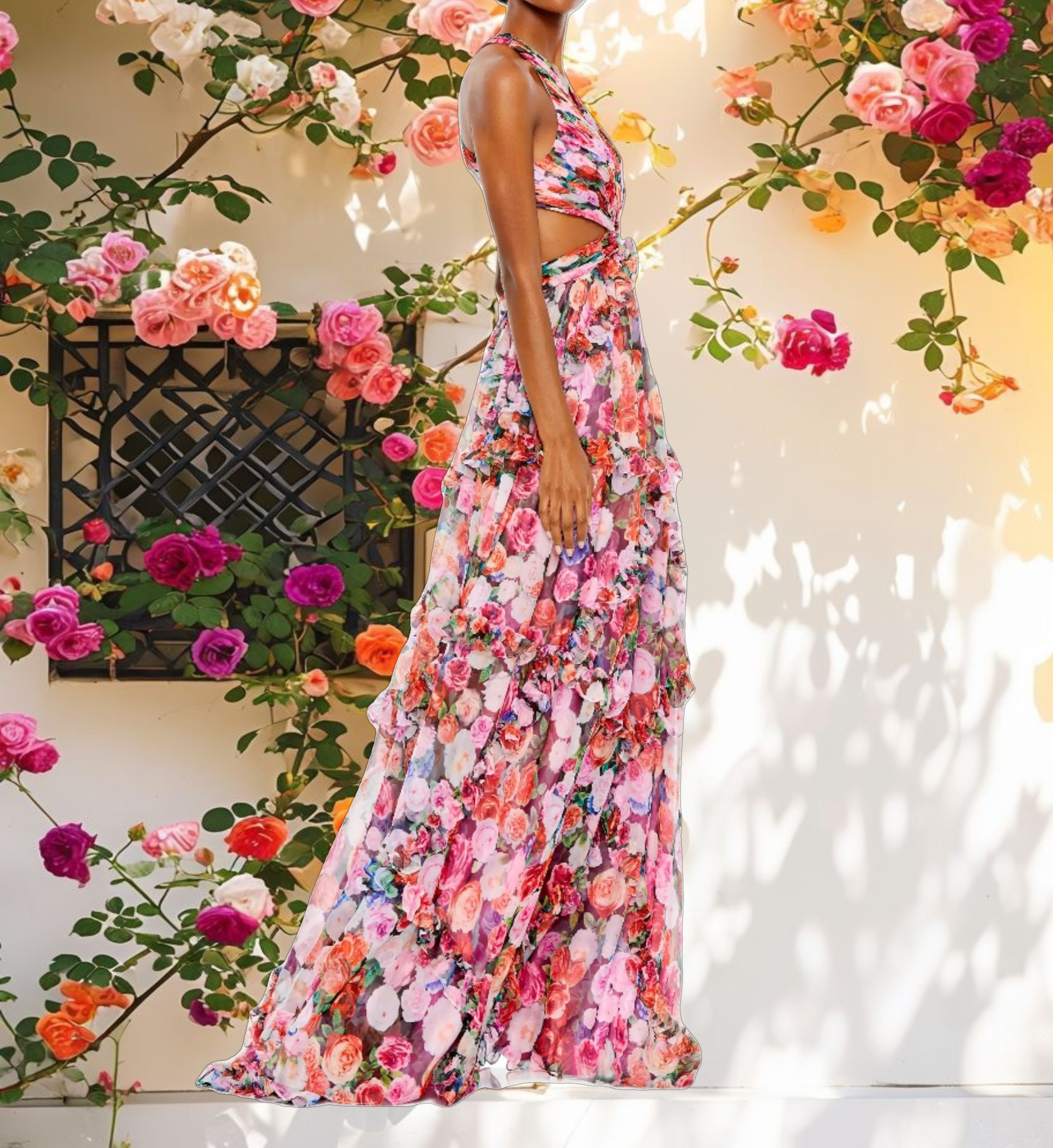 Multicolored Ruffled Open Sleeveless Dress