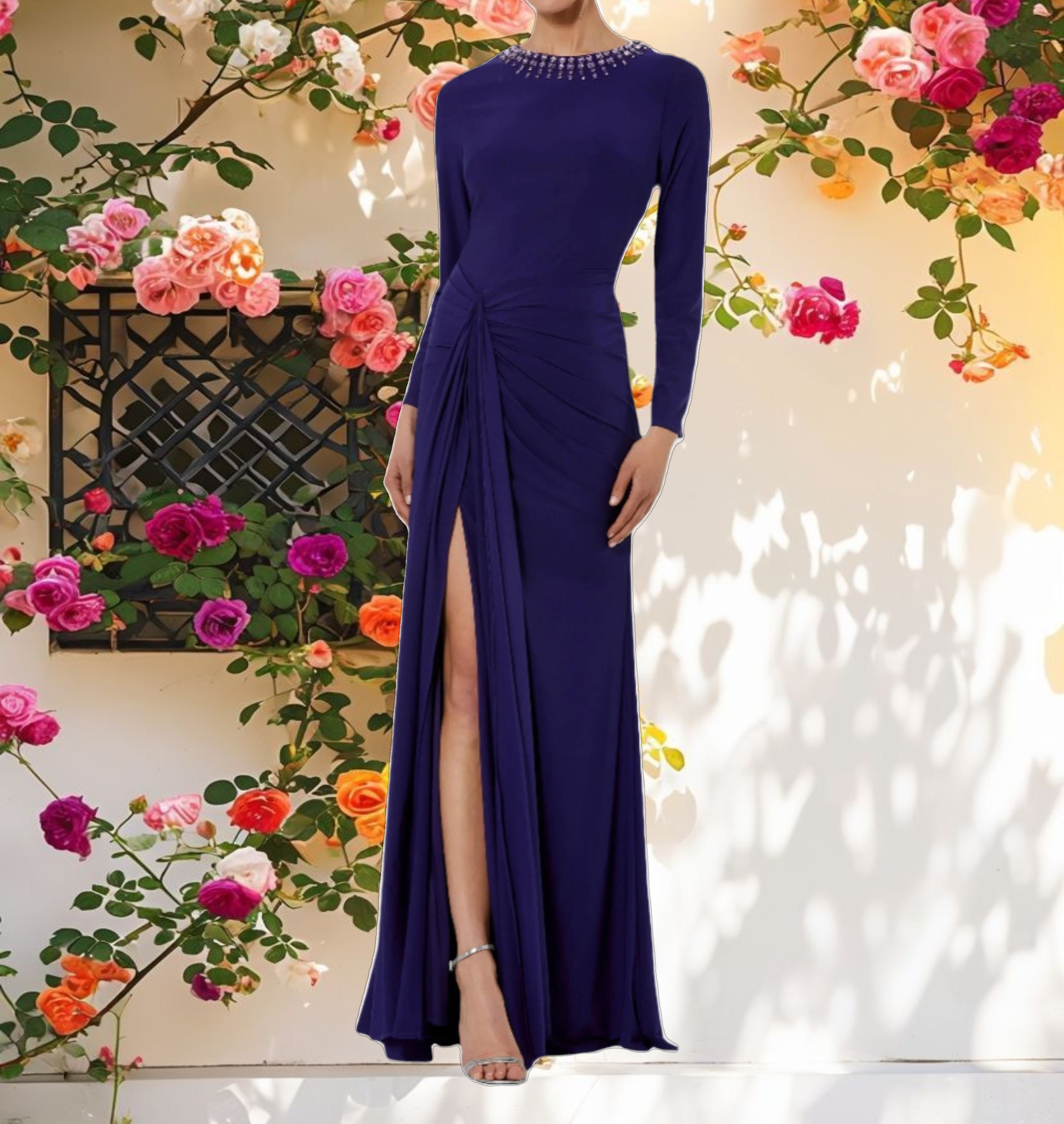 Purple Long Sleeve Jersey Ruched Gown With Beaded Neck