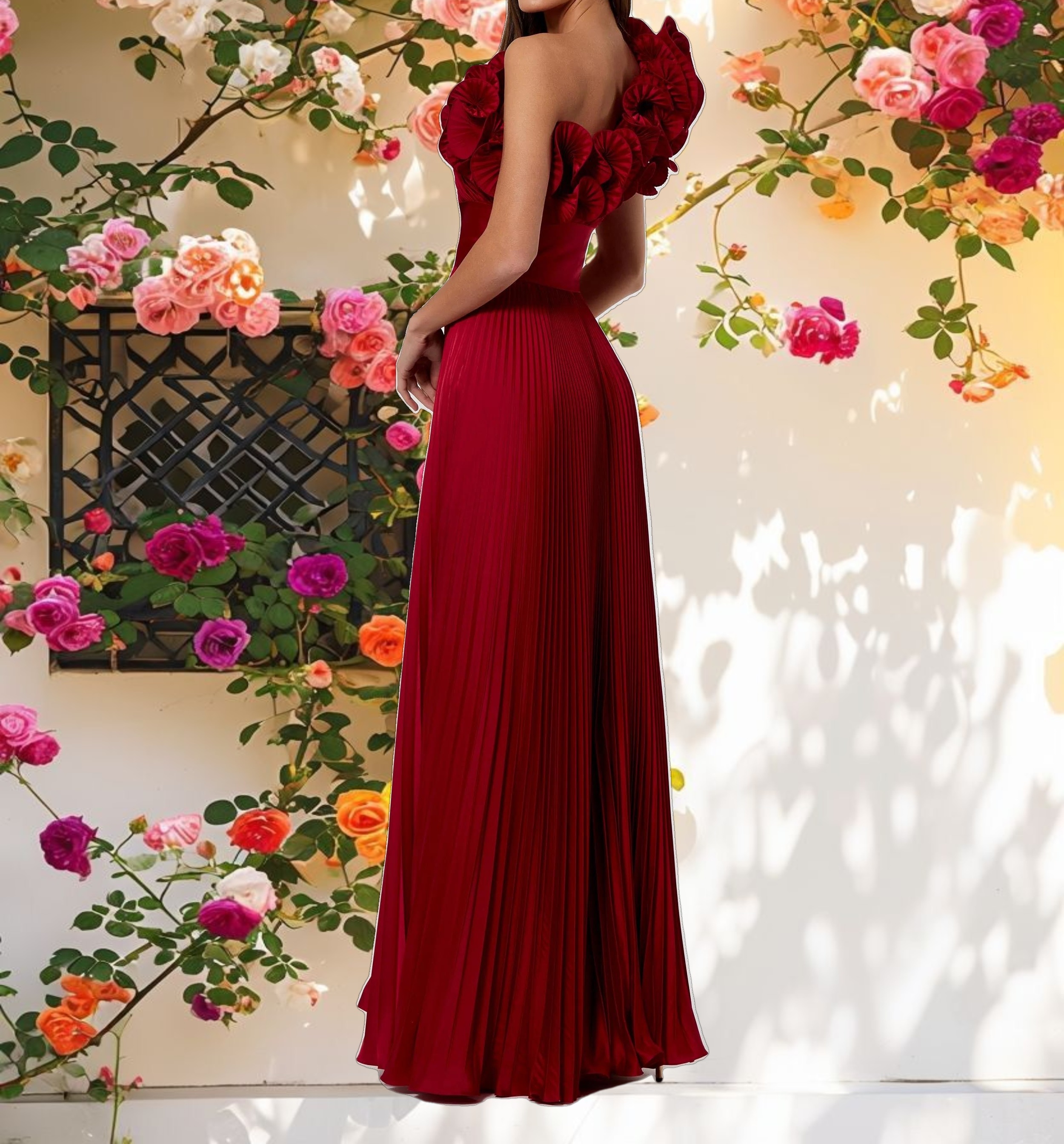 Red Pleated Ruffle One Shoulder Gown