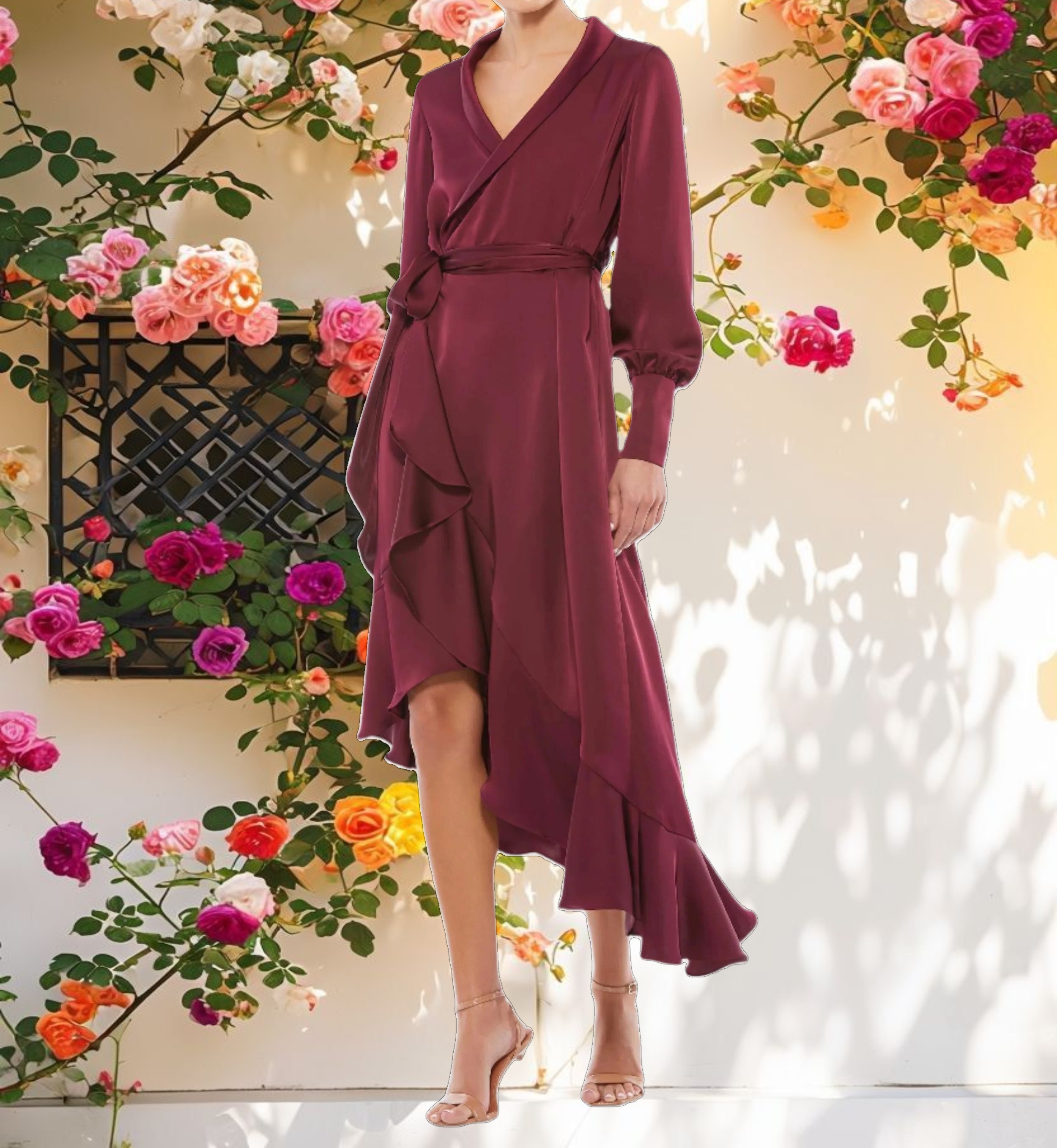 Red Long Sleeve Faux Wrap Midi Dress