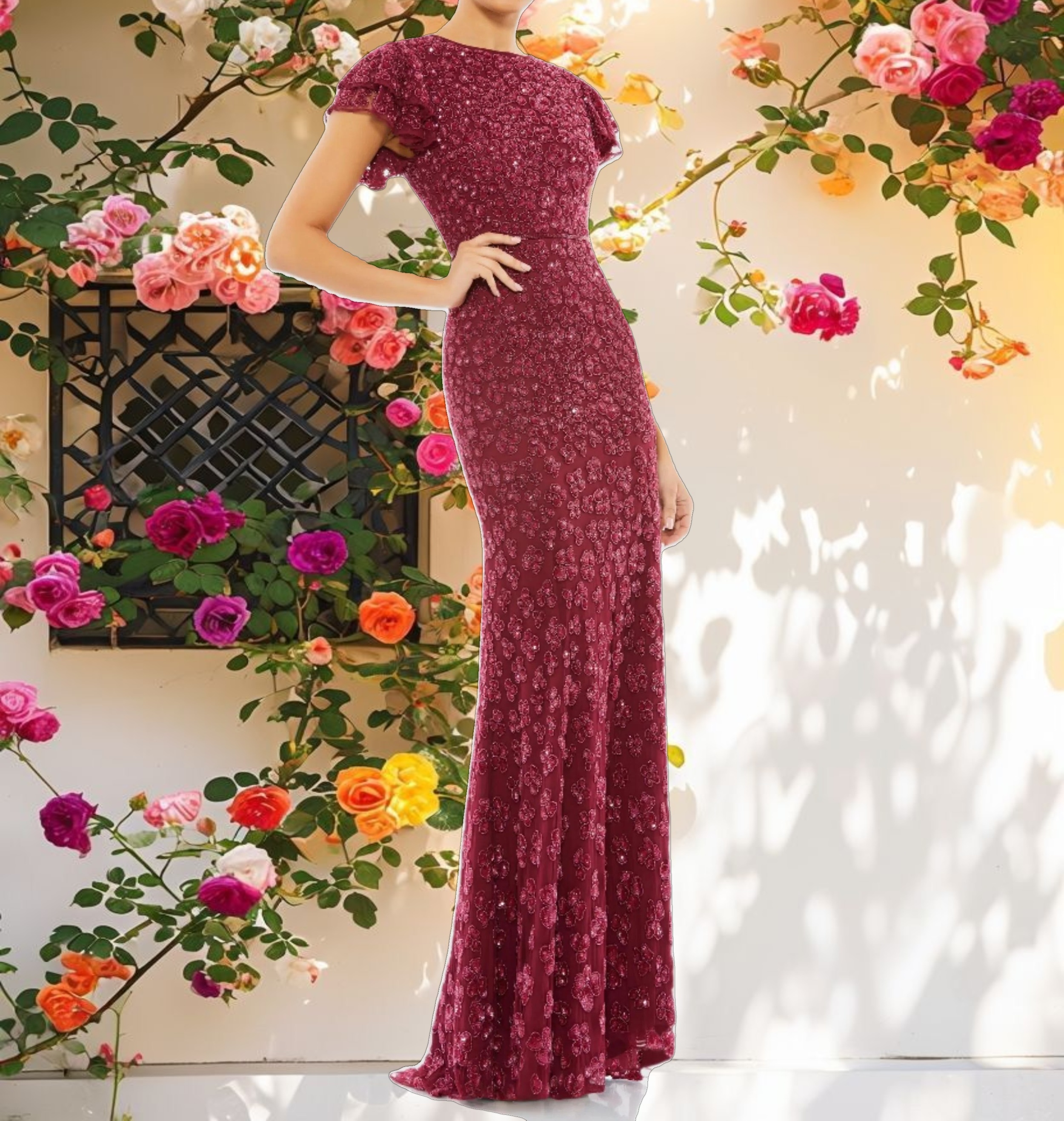 Flutter Cap Sleeve Evening Gown