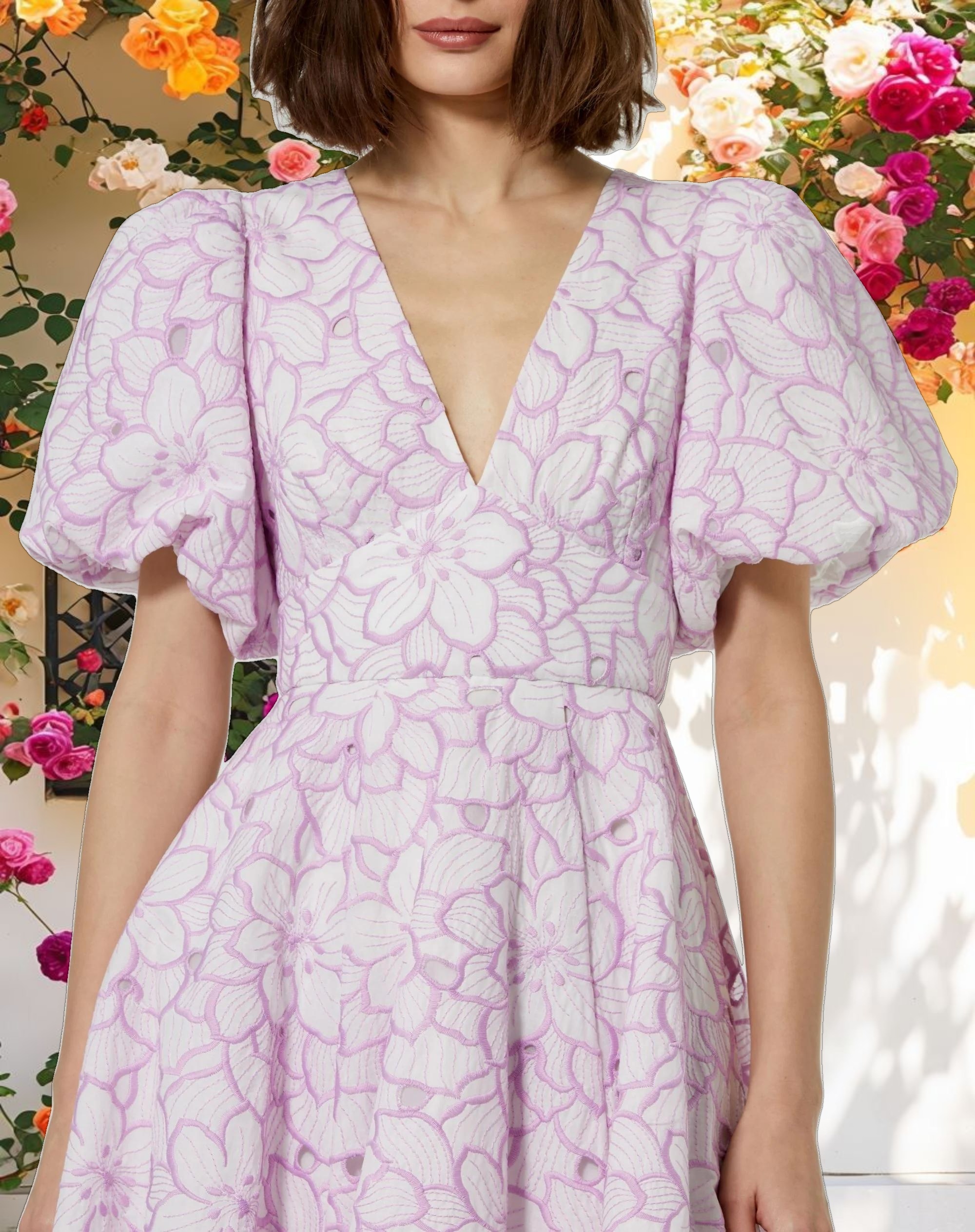 Multicolor Embroidered Floral Puff Sleeve Midi Dress