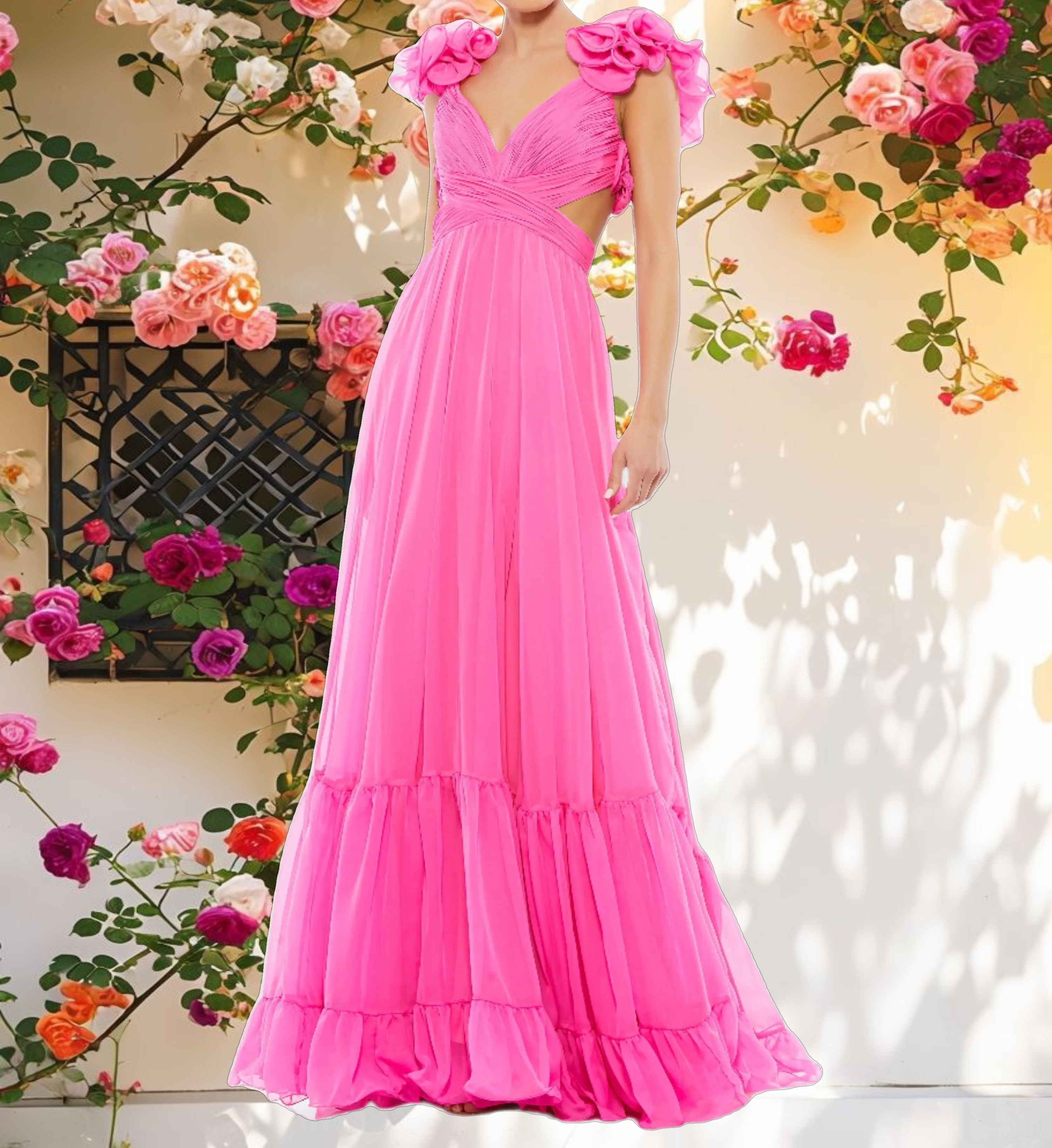 Ruffle Tiered Cut Out Chiffon Gown