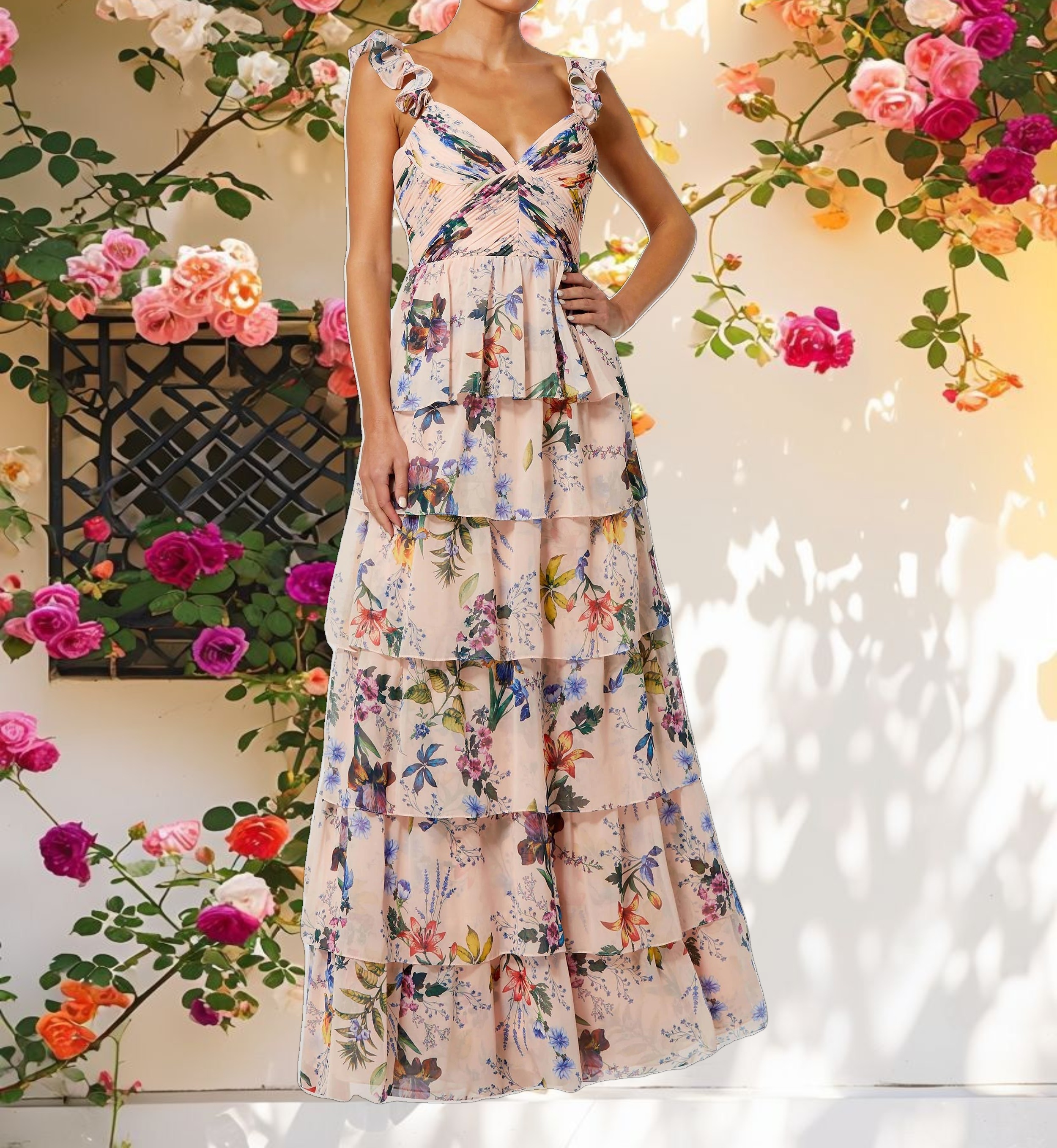 Ruffle Sleeveless Chiffon Tiered Floral Print Gown