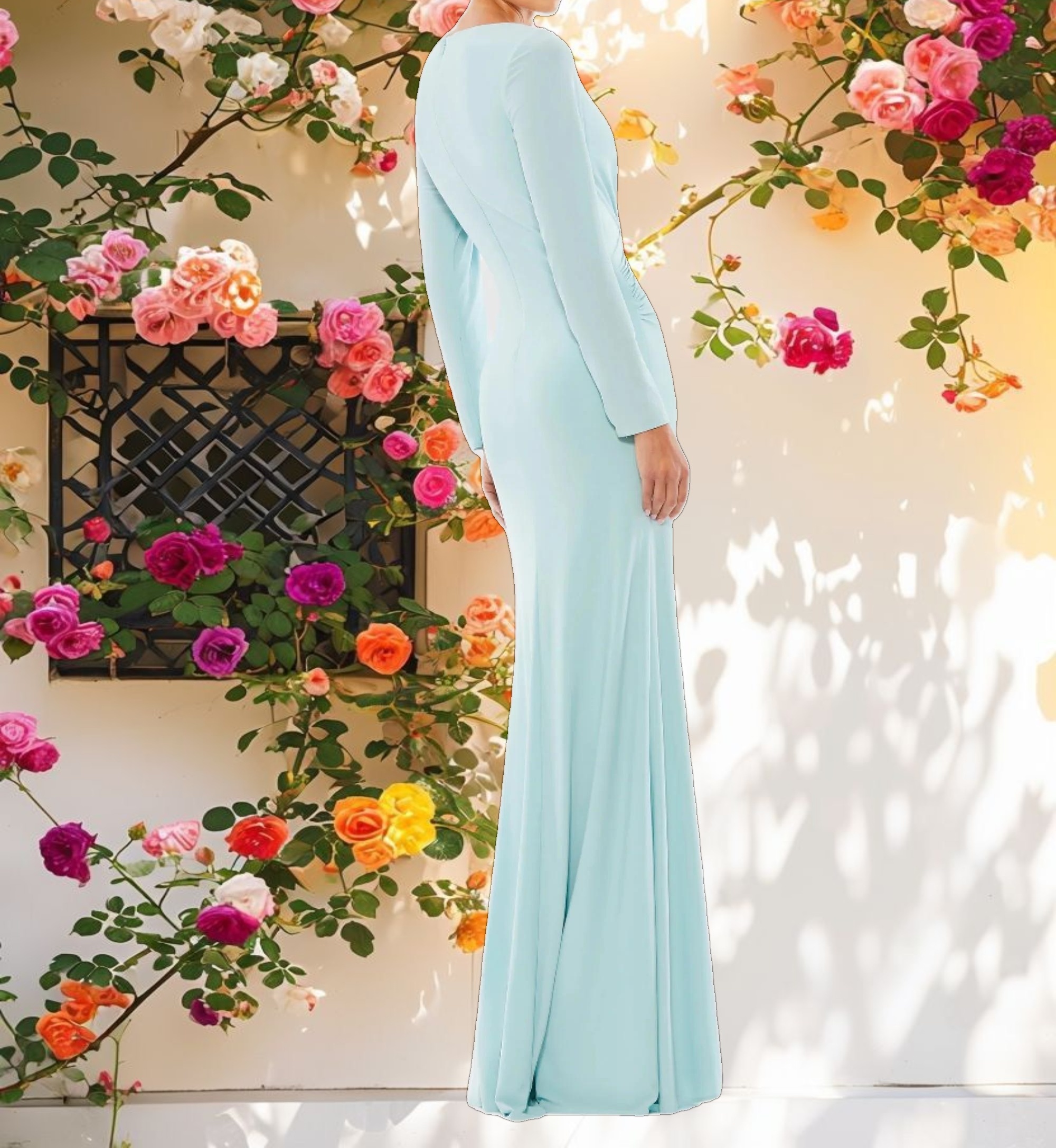 Blue Long Sleeve Ruched Jersey V Neck Gown