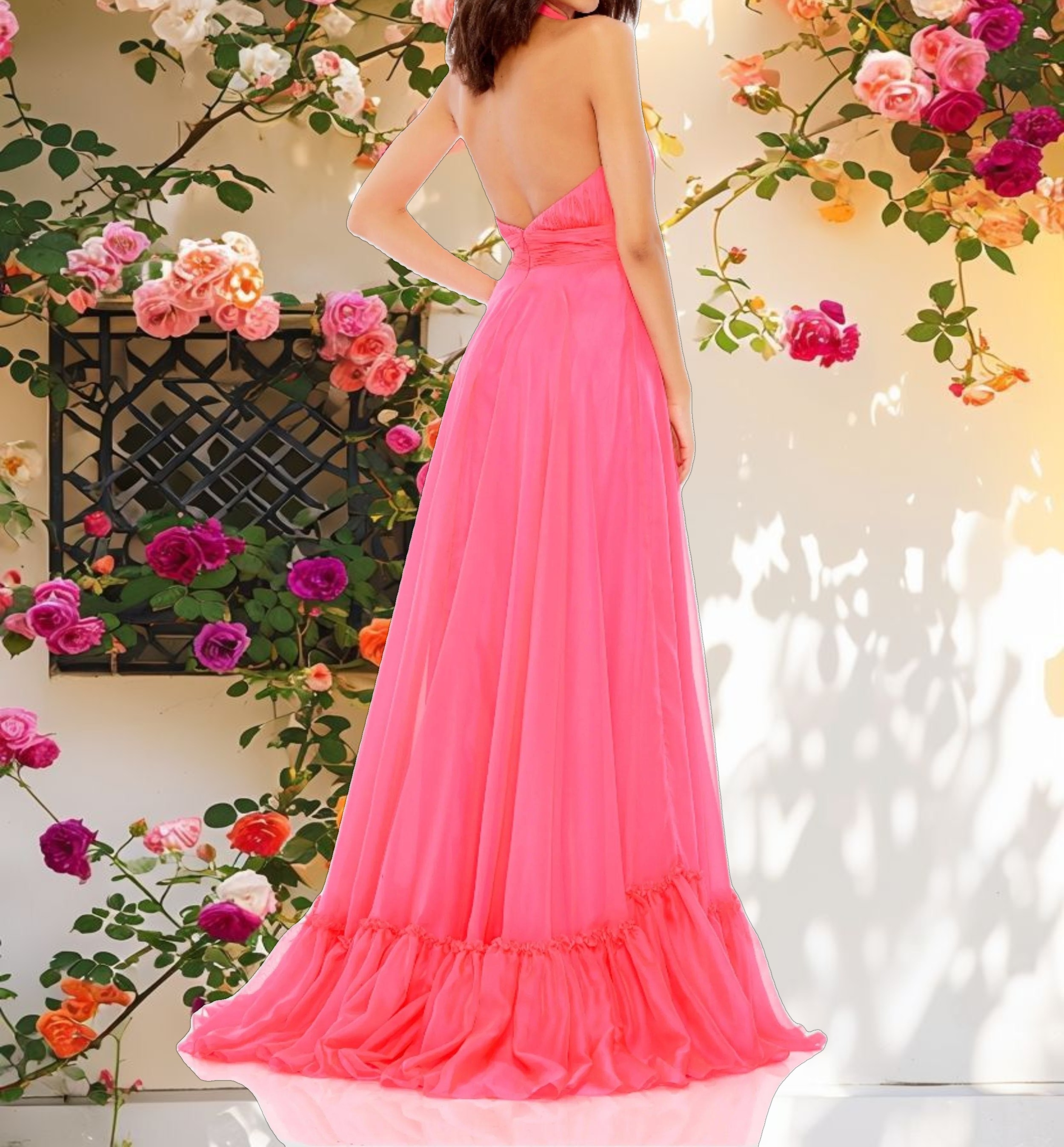 Pink High Neck Tiered Chiffon Halter Gown