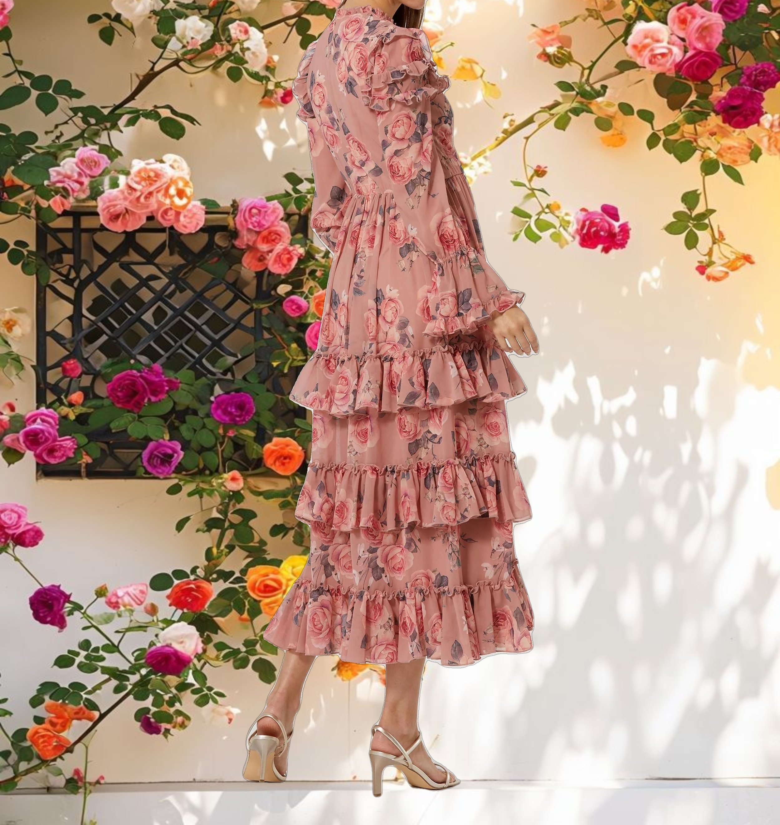 Pink Long Sleeve Lace Up Front Tiered Ruffle Dress