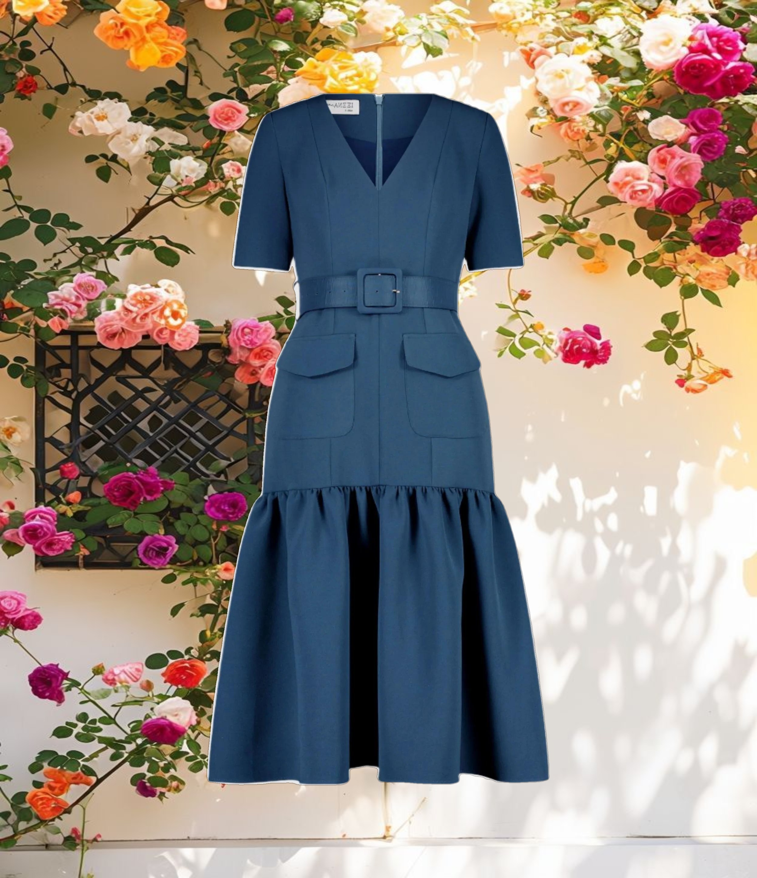 Blue Crepe Midi Dress With Belt And Pockets