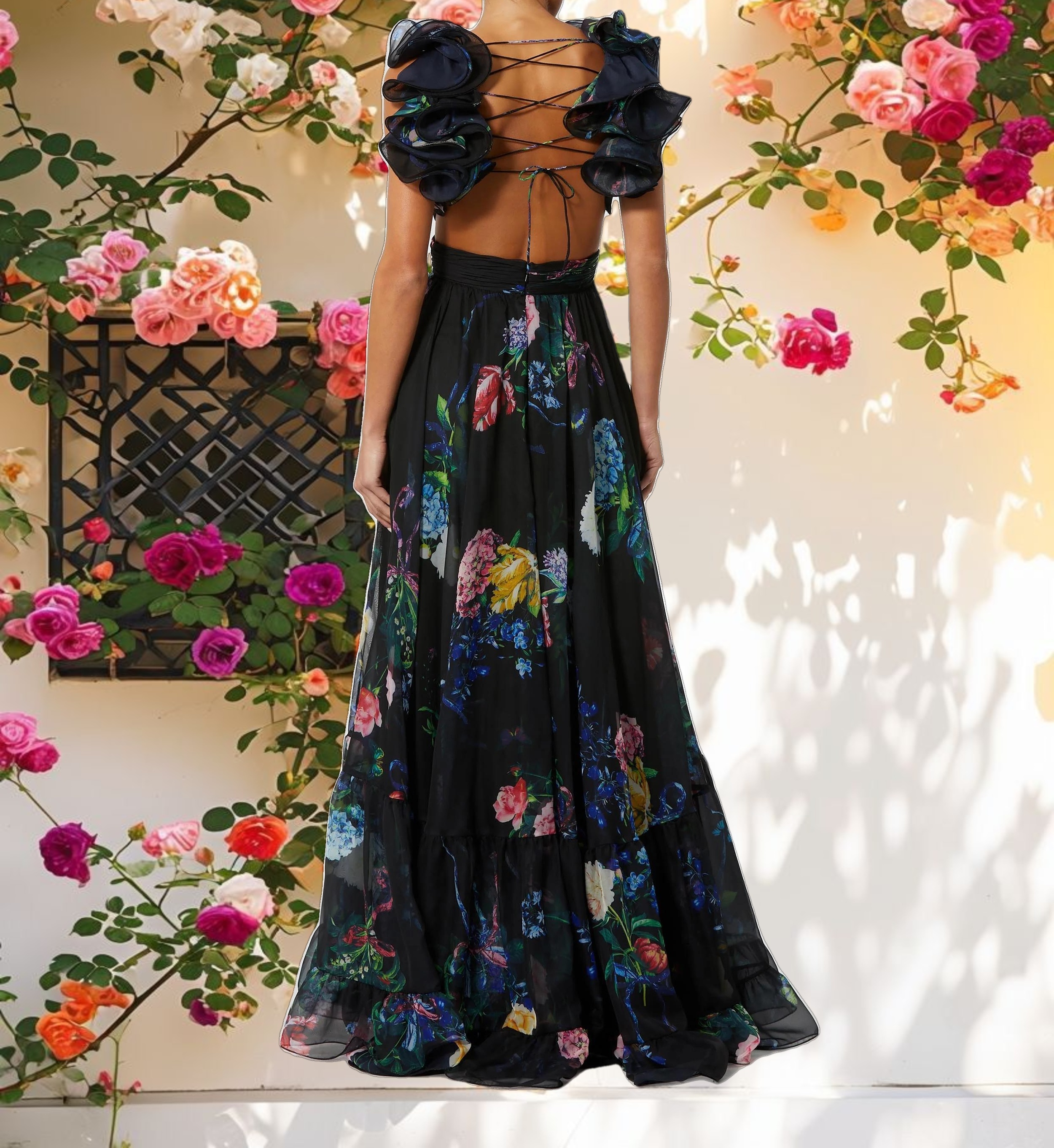 Ruffle Floral Cut Out Gown