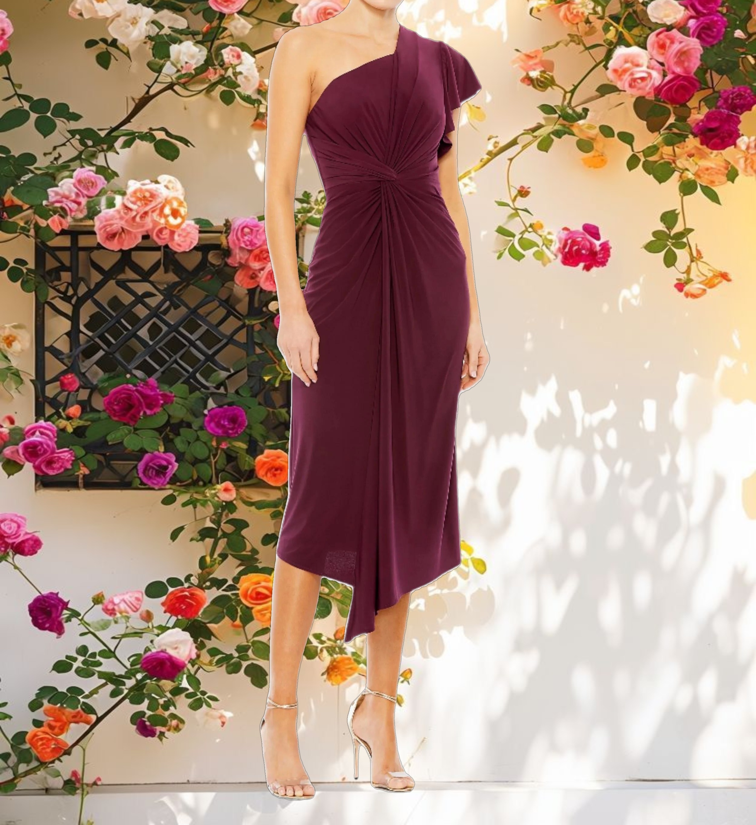 Red One Shoulder Midi Length Jersey Dress