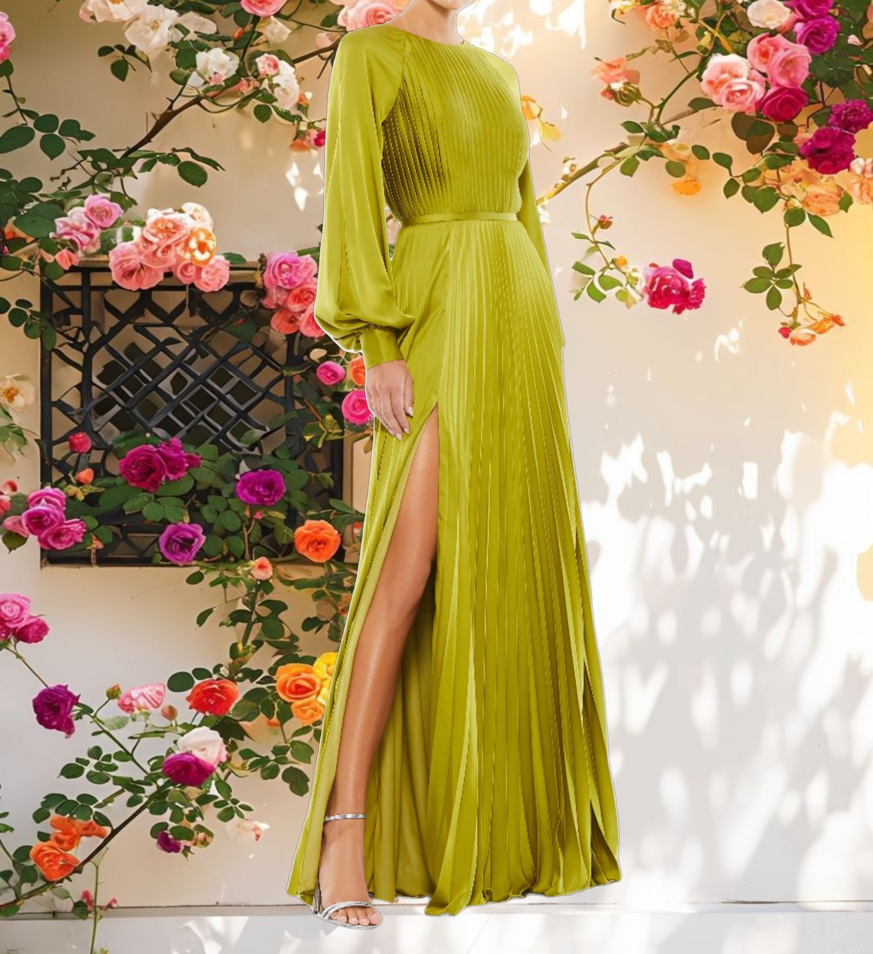 Pleated High Neck Raglan Long Sleeve Side Slit Gown