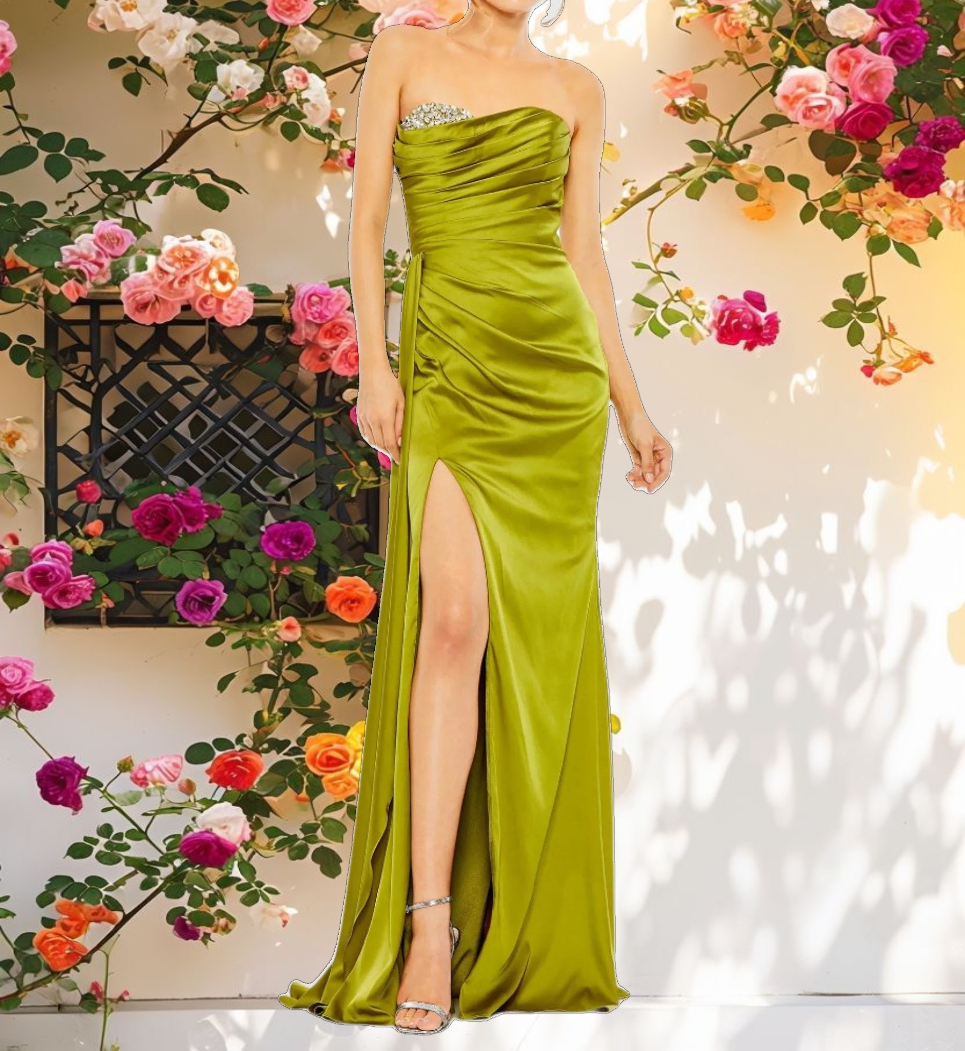 Green Strapless Embellished Sweetheart Neckline Satin Gown