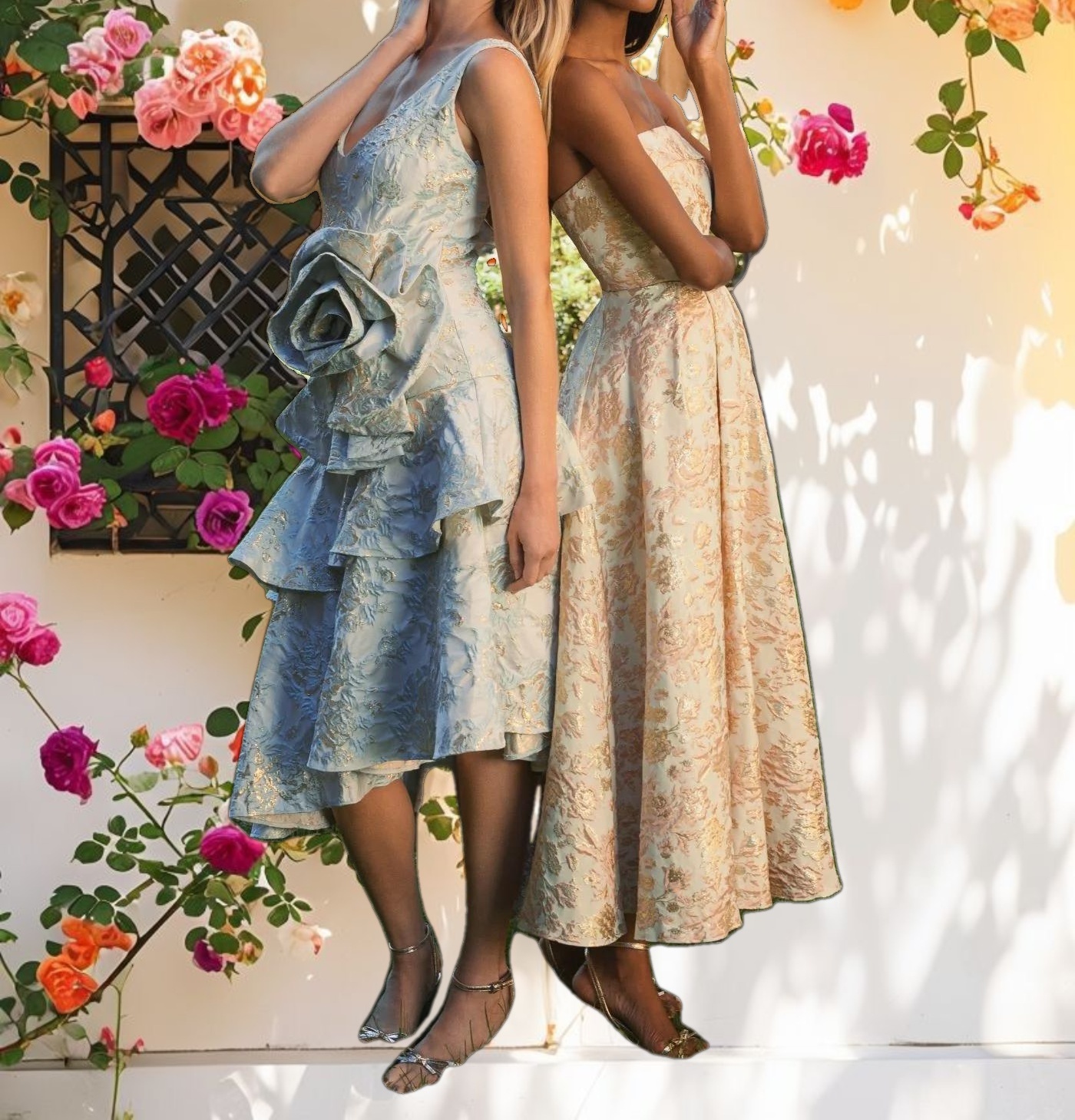 Pink and White Strapless Floral Brocade A Line Midi Dress