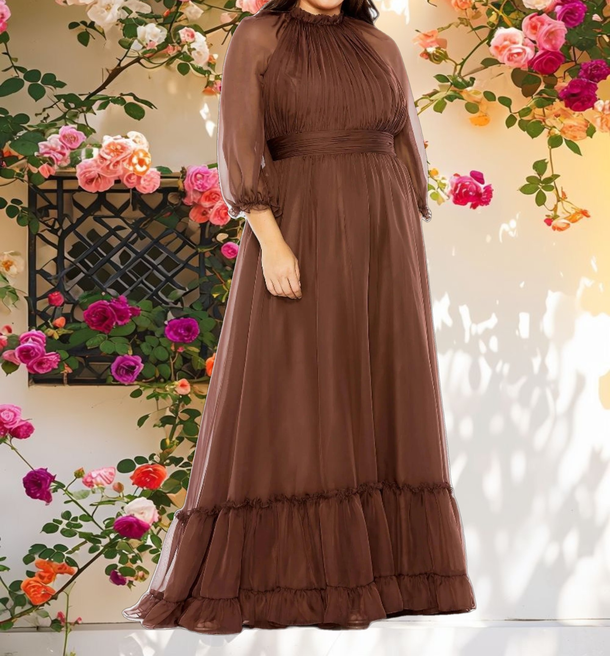 Elegant High Neck Puff Sleeve Tiered A Line Gown