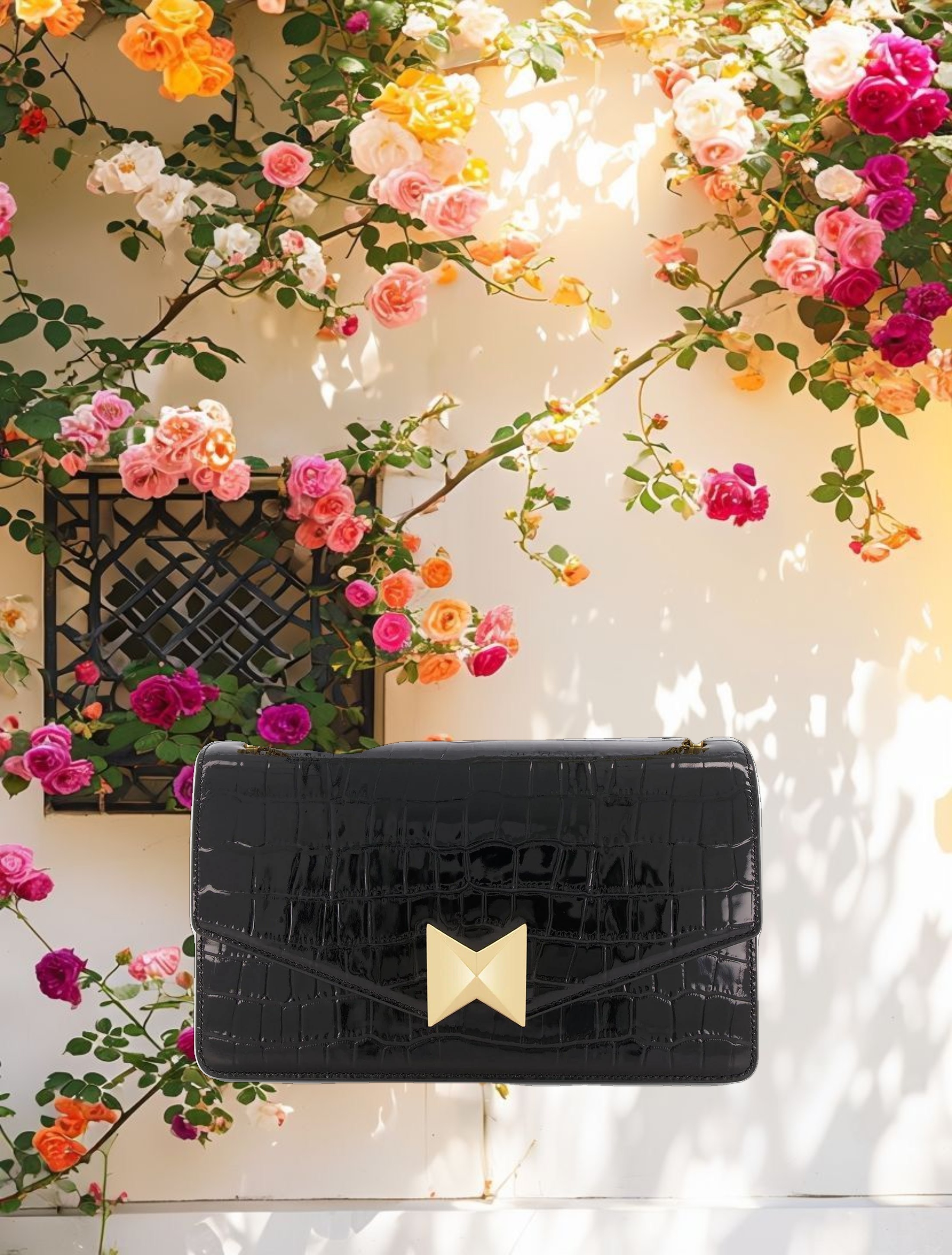 Black Crocodile Leather Shoulder Bag With Gold Hardware